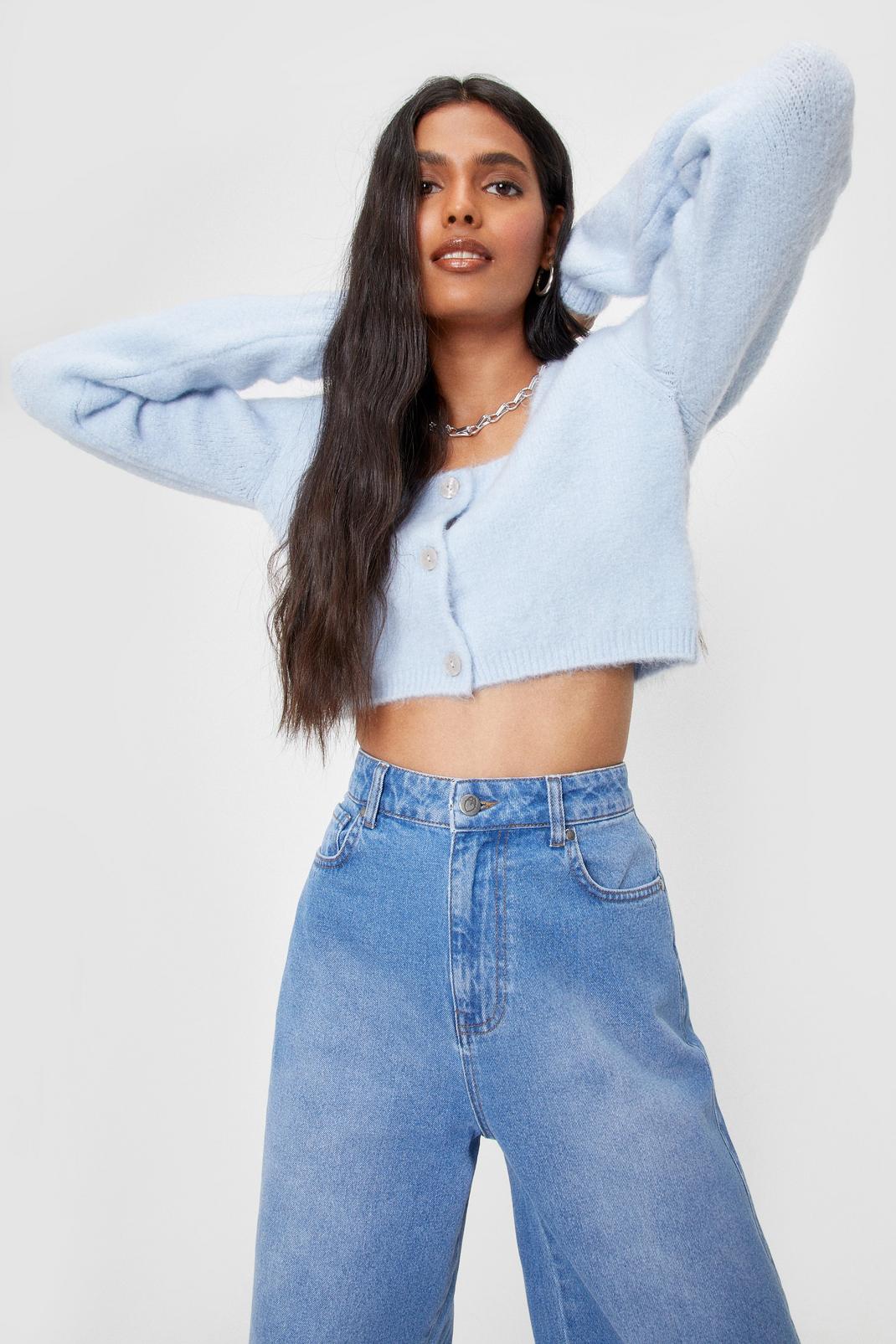 Baby blue Fluffy Knitted Button Down Cropped Cardigan image number 1