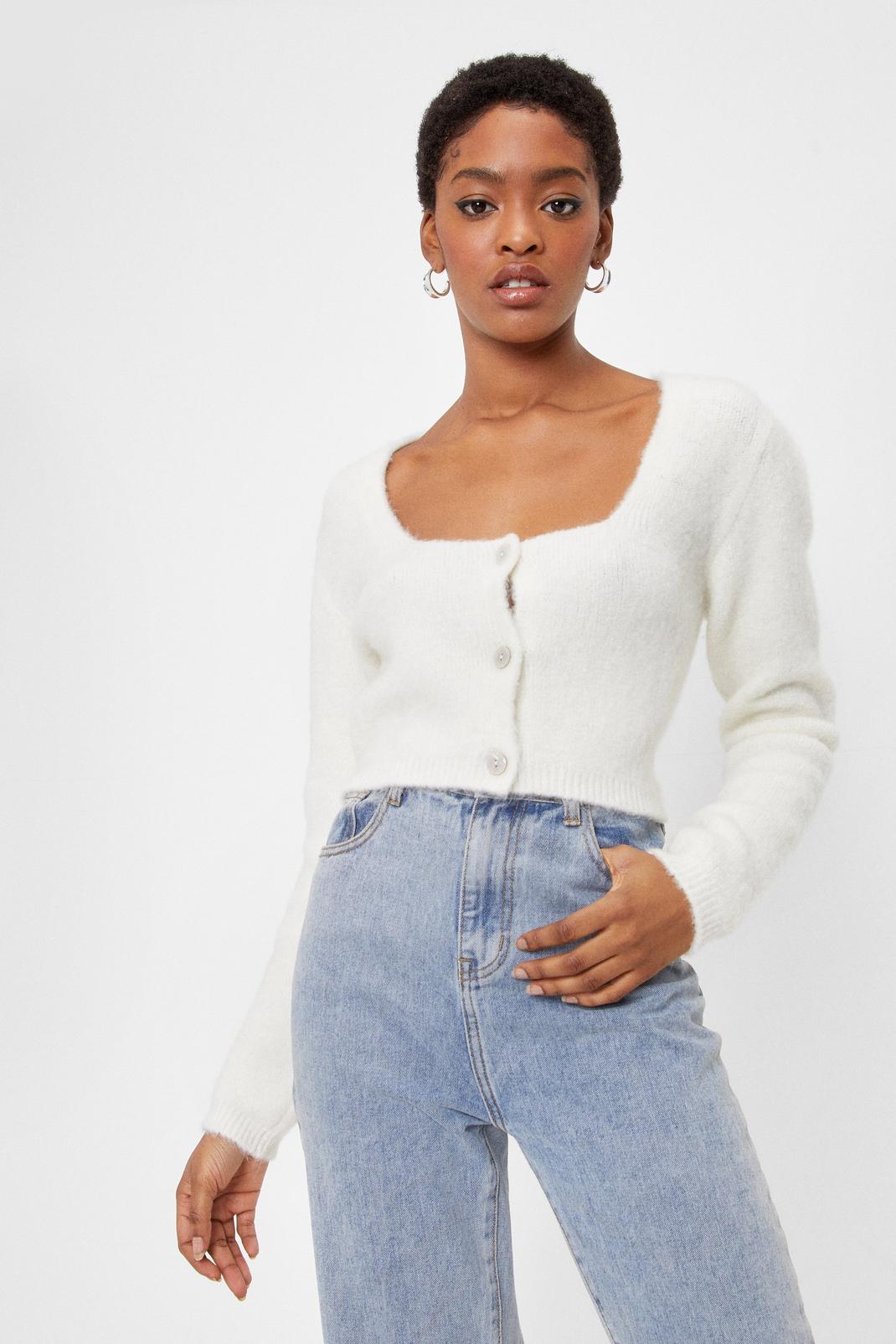Cream Fluffy Knitted Button Down Cropped Cardigan image number 1