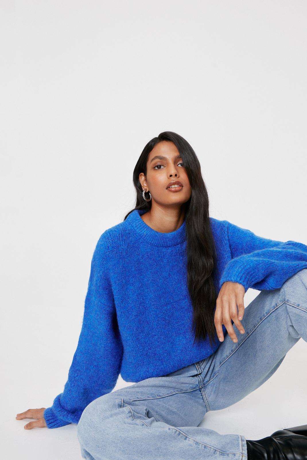 Blue Knitted Oversized Crew Neck Sweater image number 1