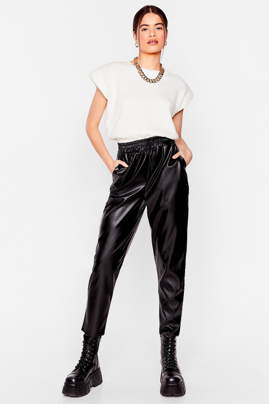 Black Faux Leather Tapered Sweatpants image number 1