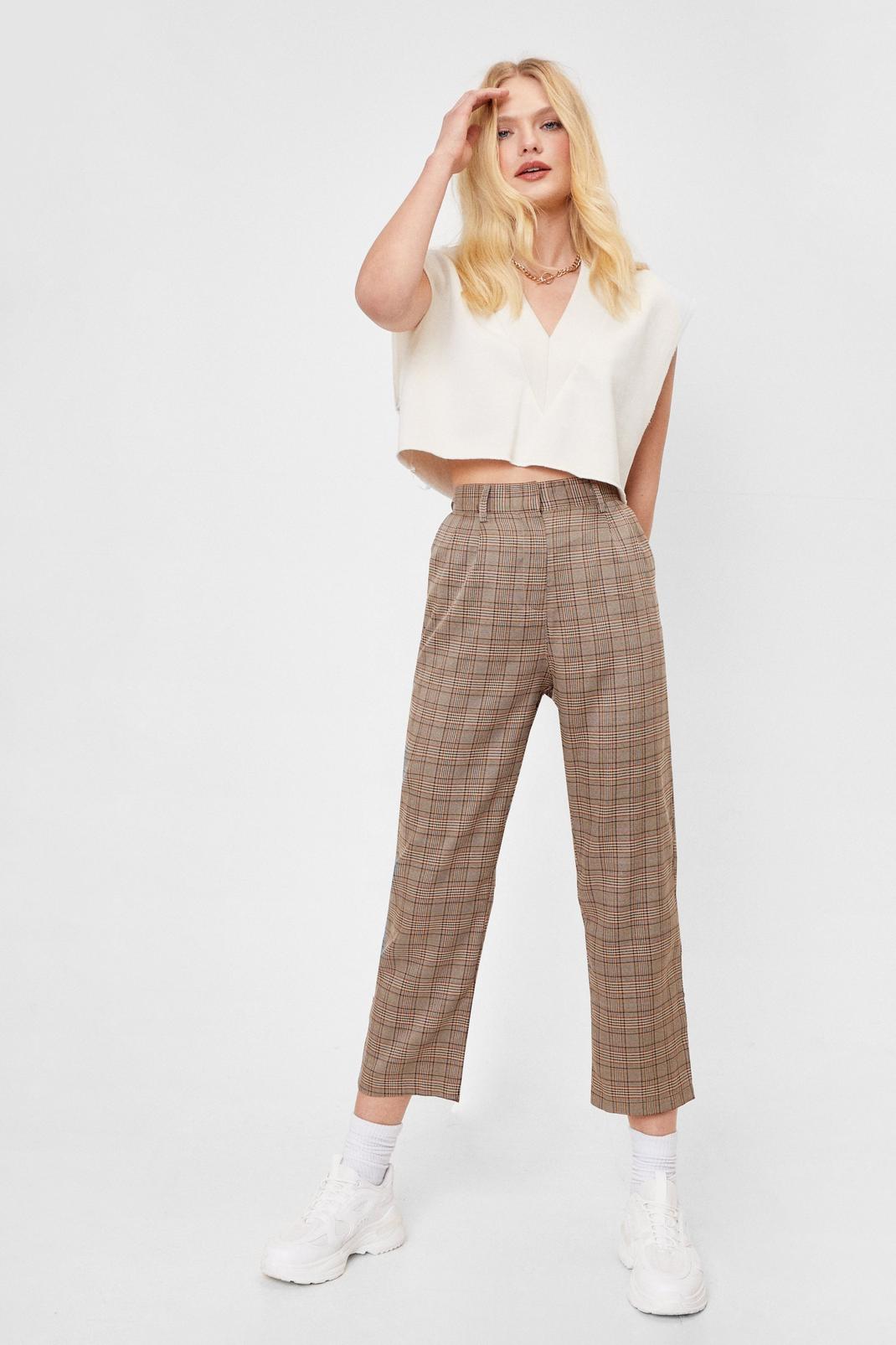 Brown Check High Waisted Straight Leg Trousers image number 1