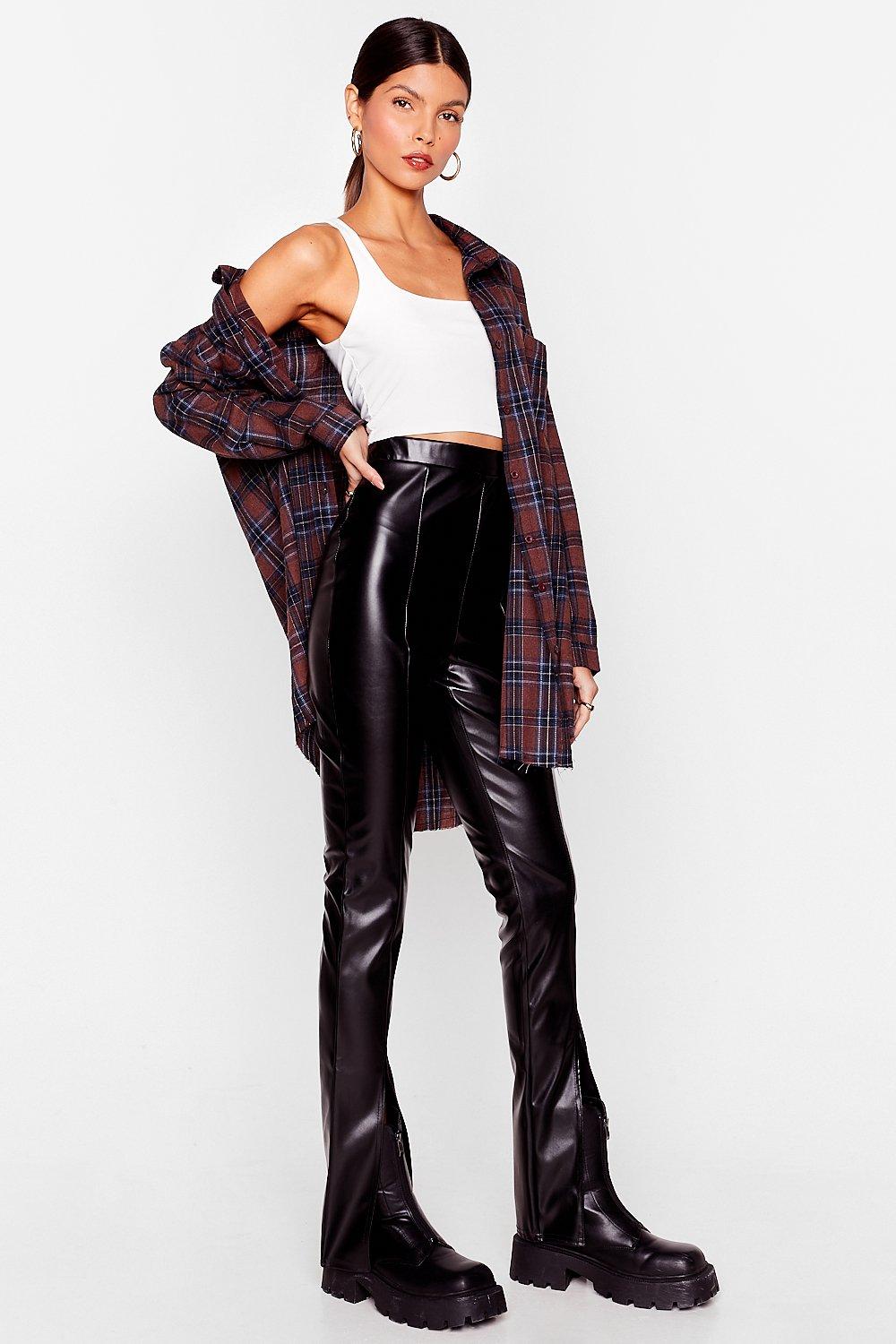 Hot Girl Slit Faux Leather Straight-Leg Trousers
