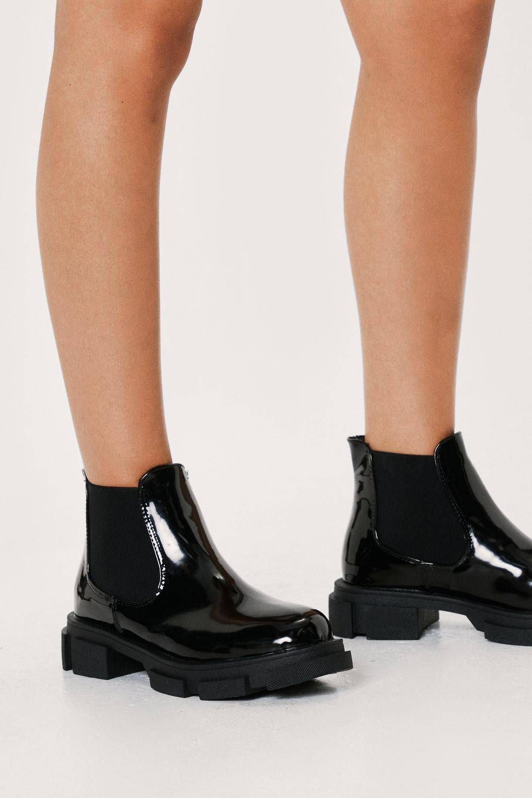 Black Patent Faux Leather Chunky Chelsea Boots image number 1