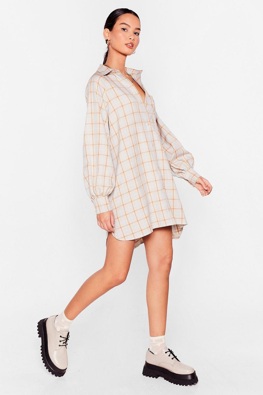 Oatmeal Checkin' Through Our Notes Oversized Shirt Dress image number 1