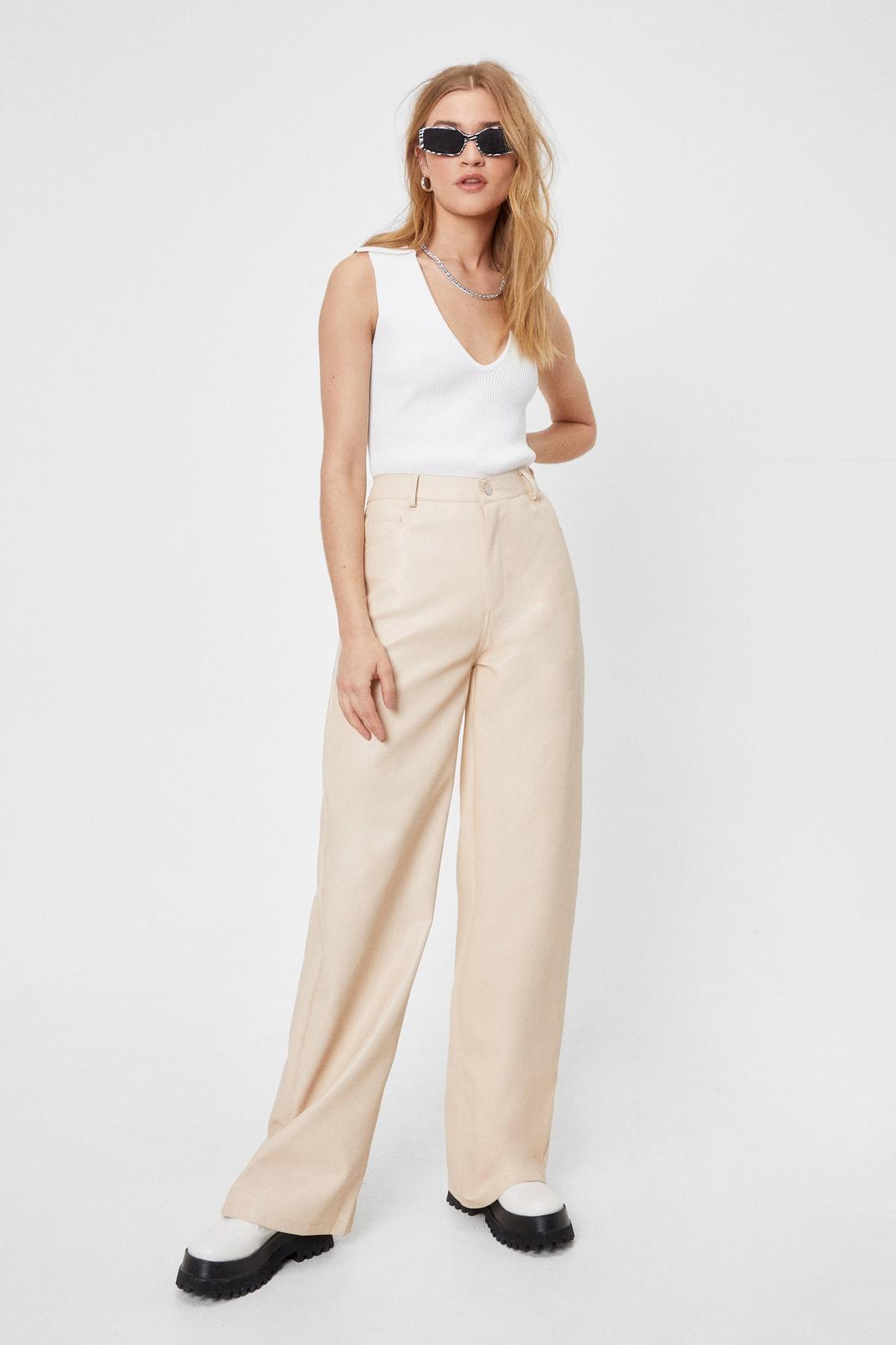 Ecru Faux Leather Wide-Leg Trousers image number 1