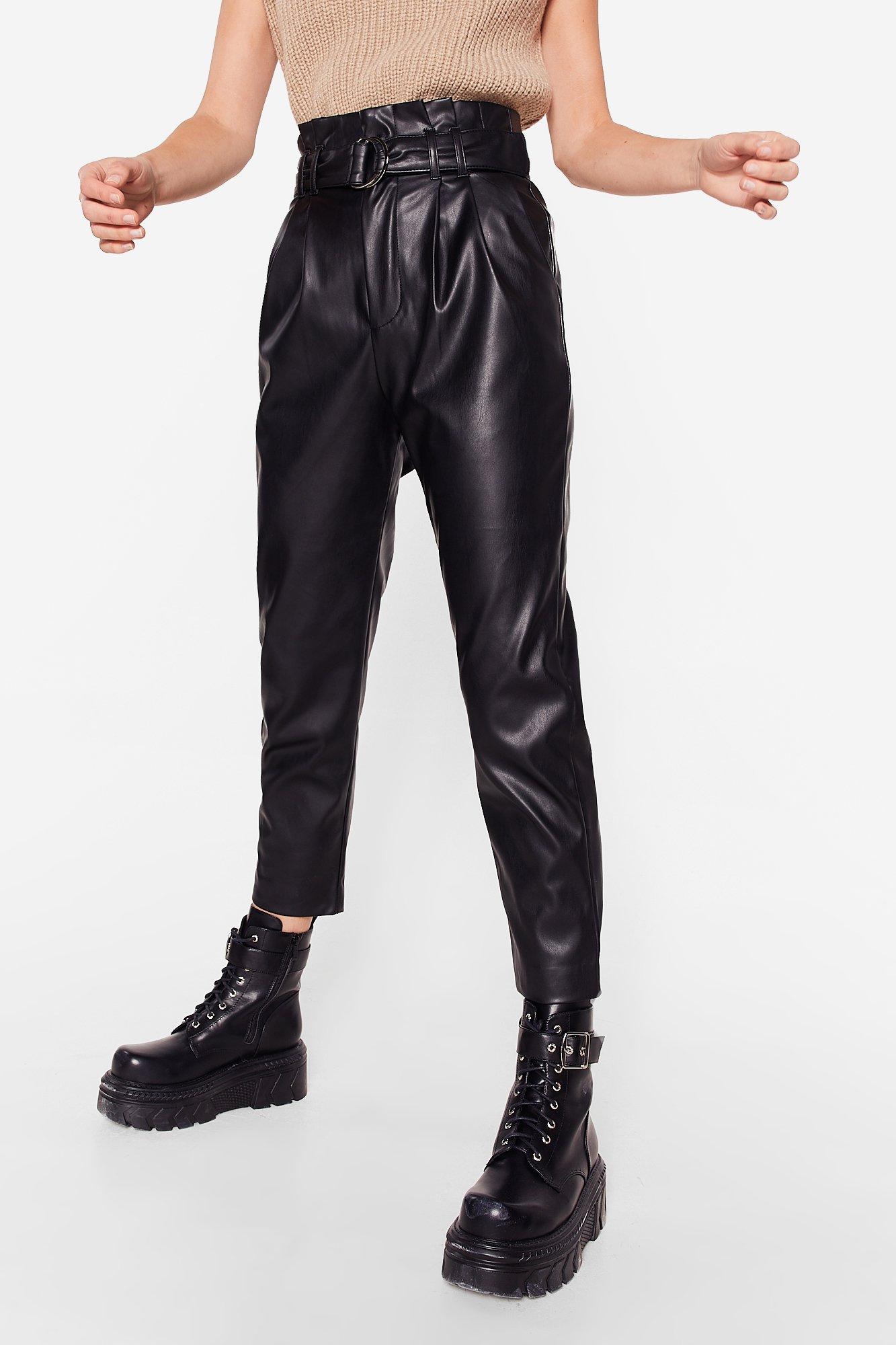 Petite Pu Faux Leather Belted Tapered Pants