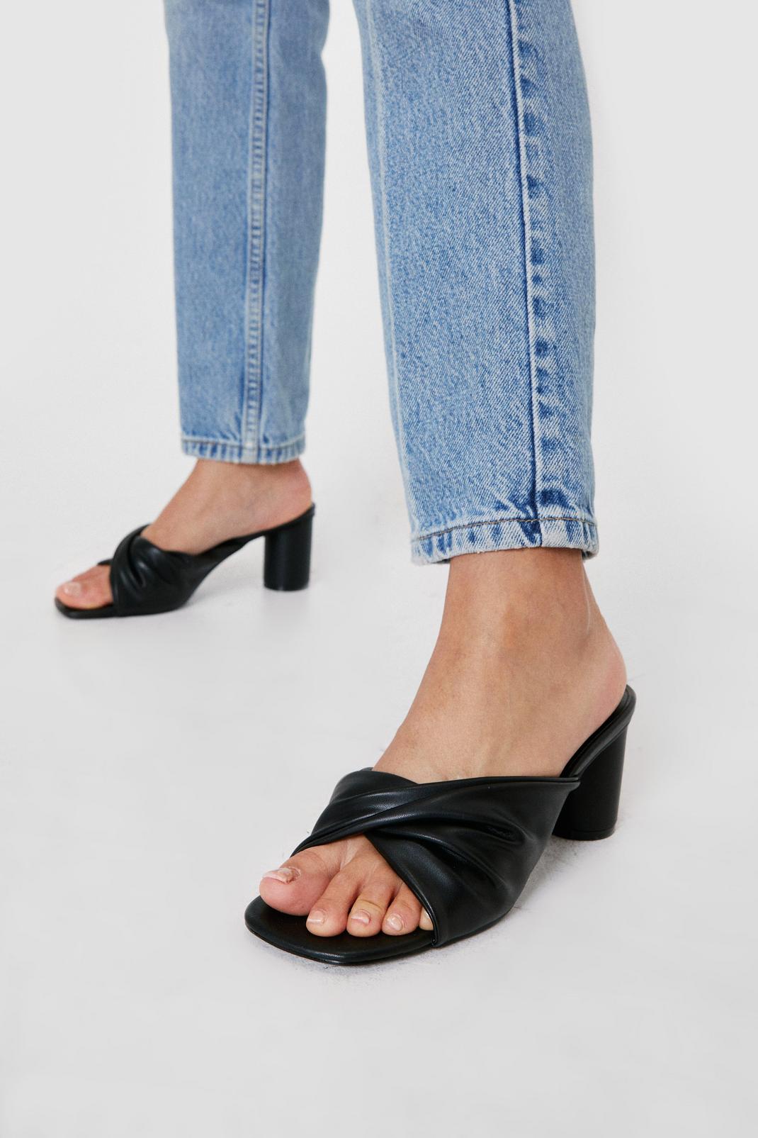 Black Twisted Faux Leather Block Heeled Mules image number 1