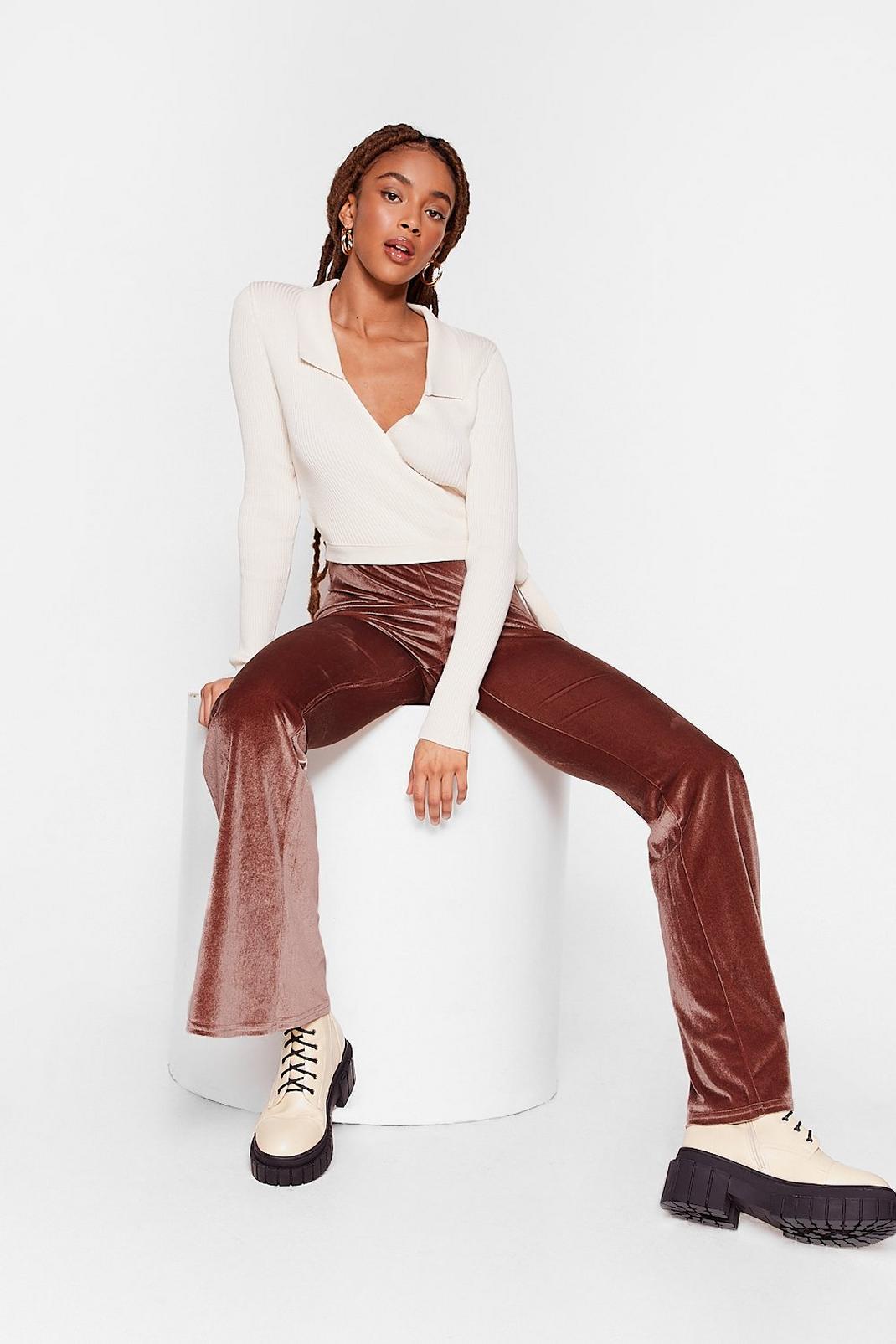 Taupe Velvet High Waisted Flared Pants image number 1