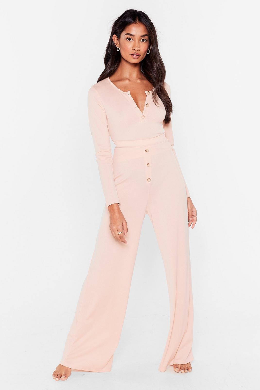 Pink Button Top of It Ribbed Wide-Leg Trousers Lounge Set image number 1