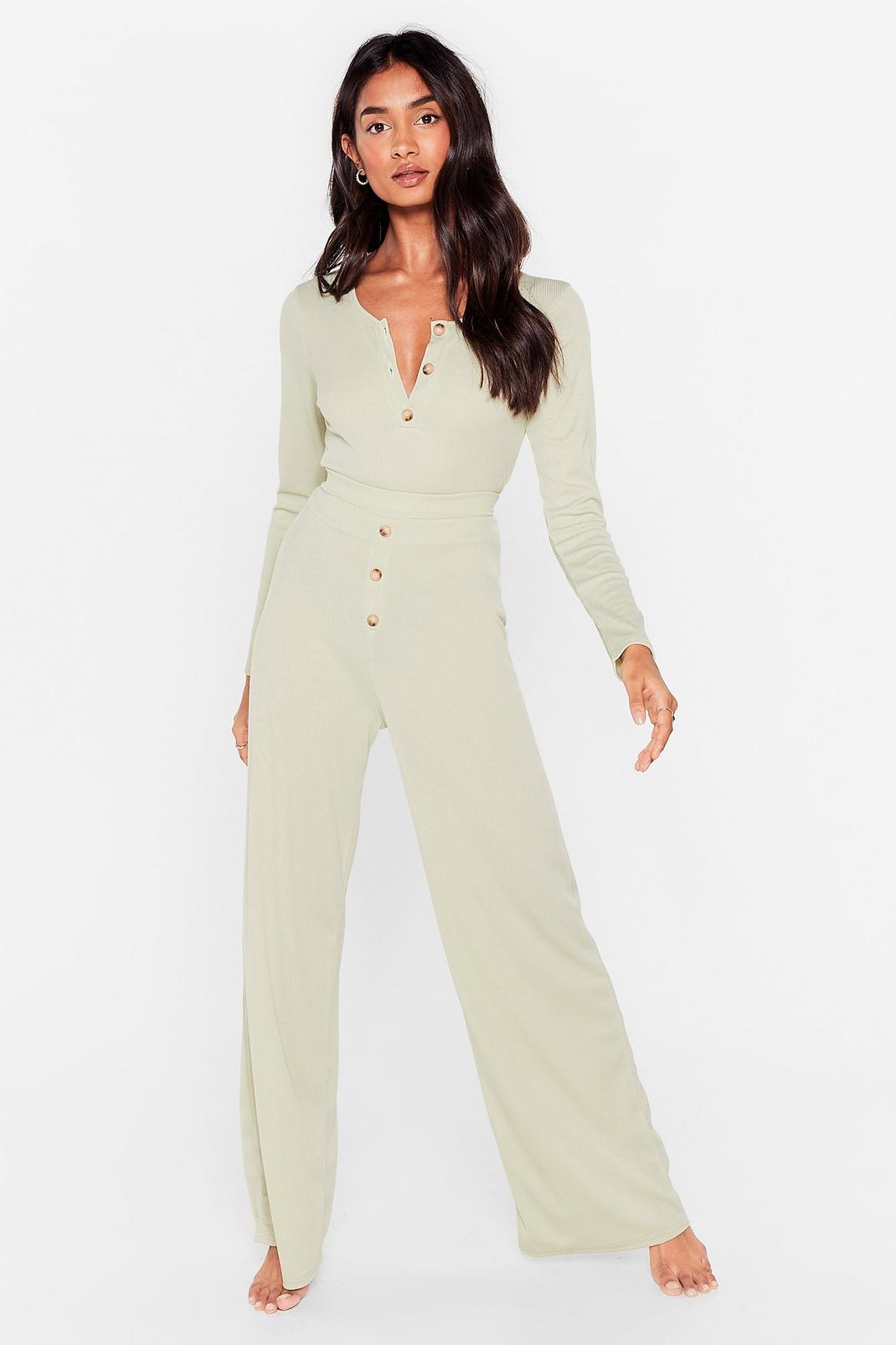 Sage Button Top of It Ribbed Wide-Leg Trousers Lounge Set image number 1