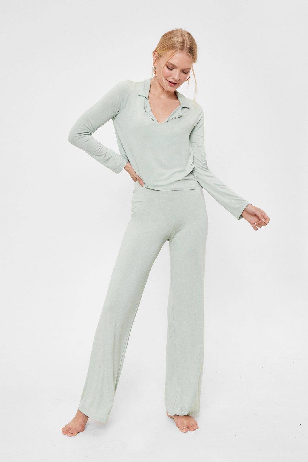 Sage Collar Top and Pants Pajama Set image number 1