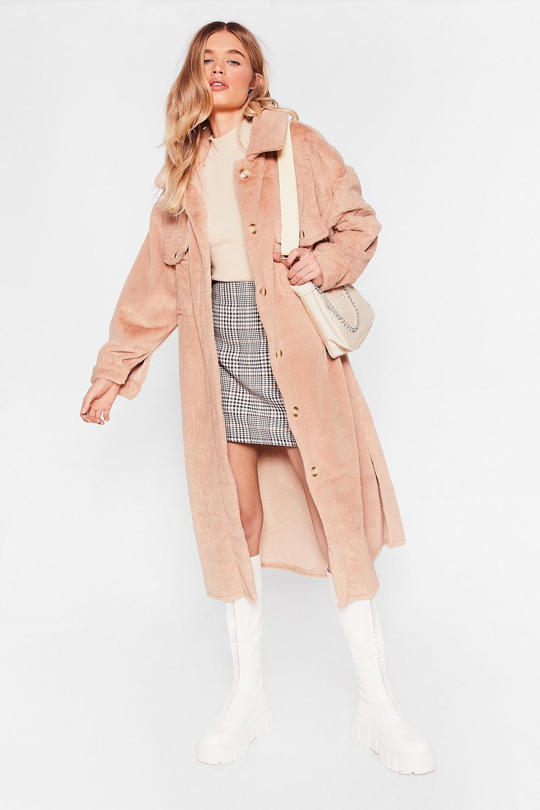 Beige Faux Fur Relaxed Longline Shacket image number 1