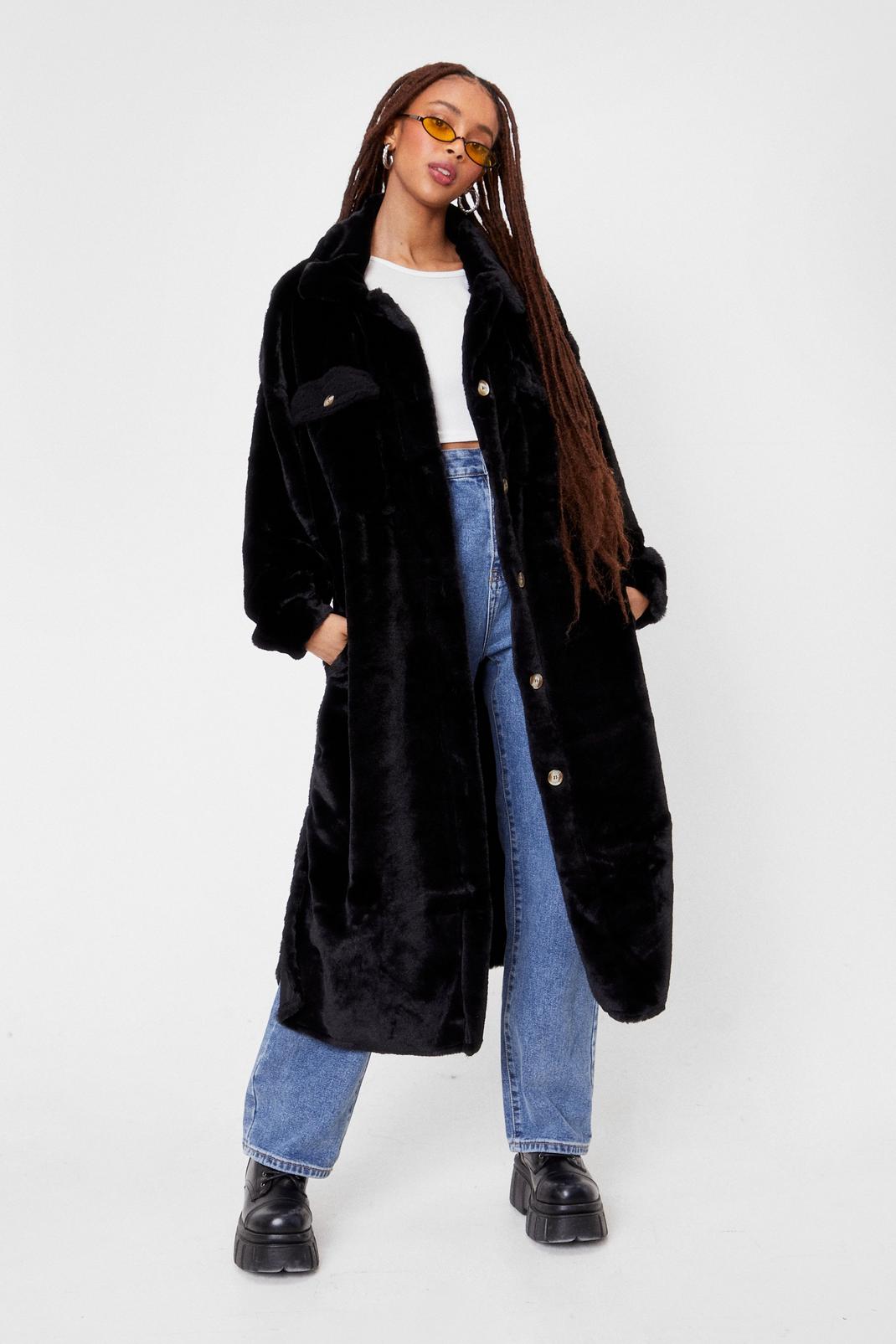 Black Faux Fur Relaxed Longline Shacket image number 1