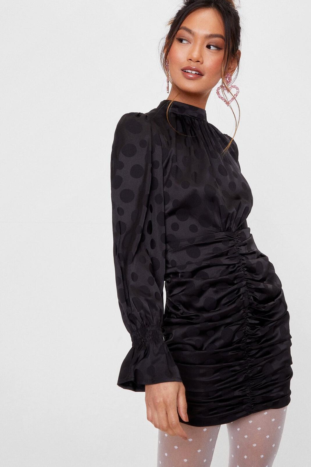Black Petite Jacquard Long Sleeve Mini Dress image number 1
