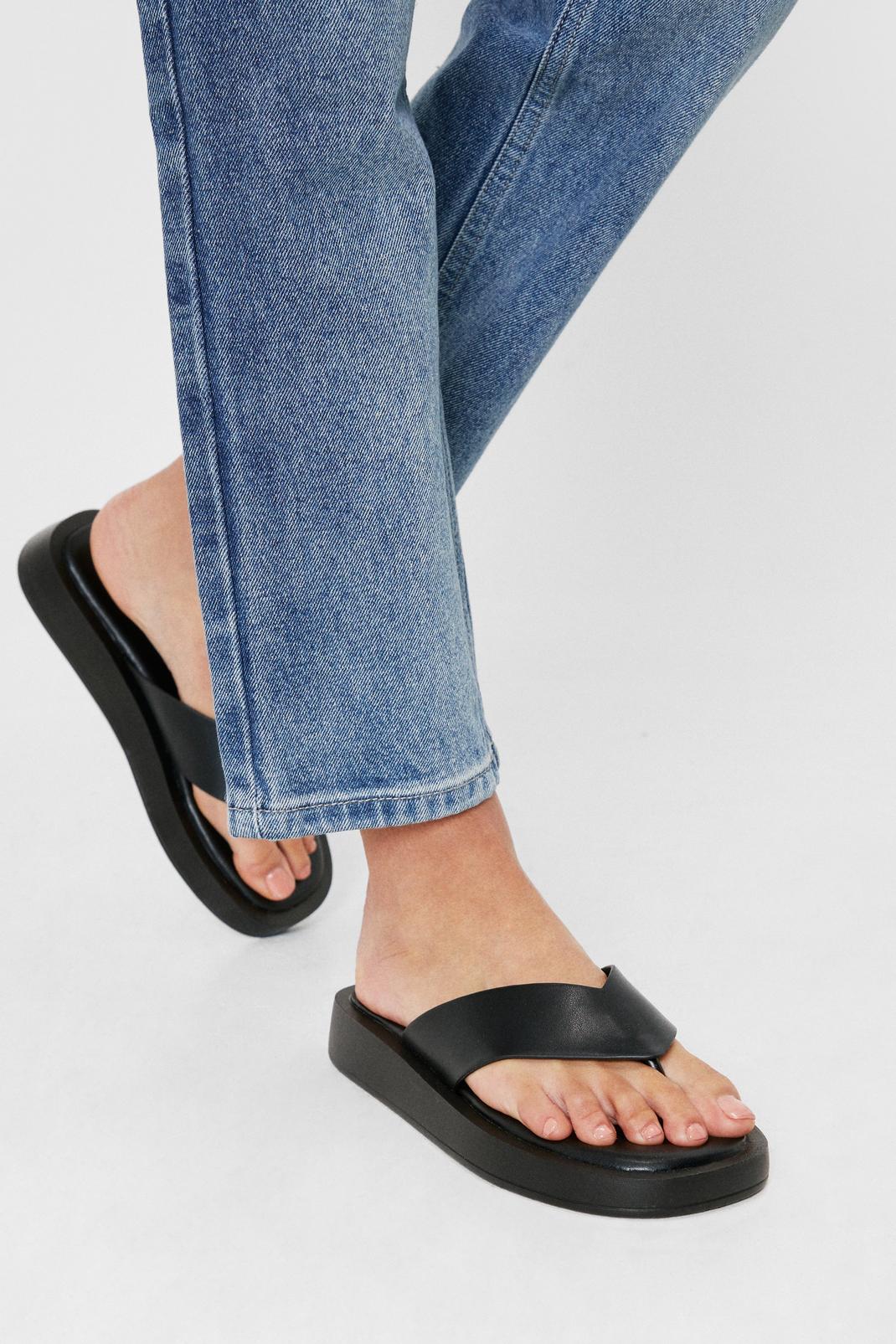 Black Faux Leather Toe Thong Flatform Sandals image number 1
