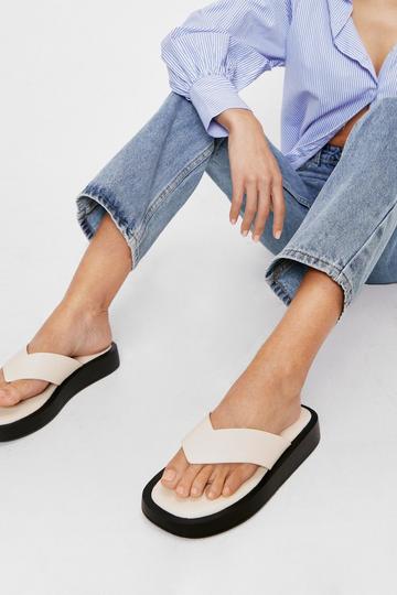 Faux Leather Toe Thong Flatform Sandals cream