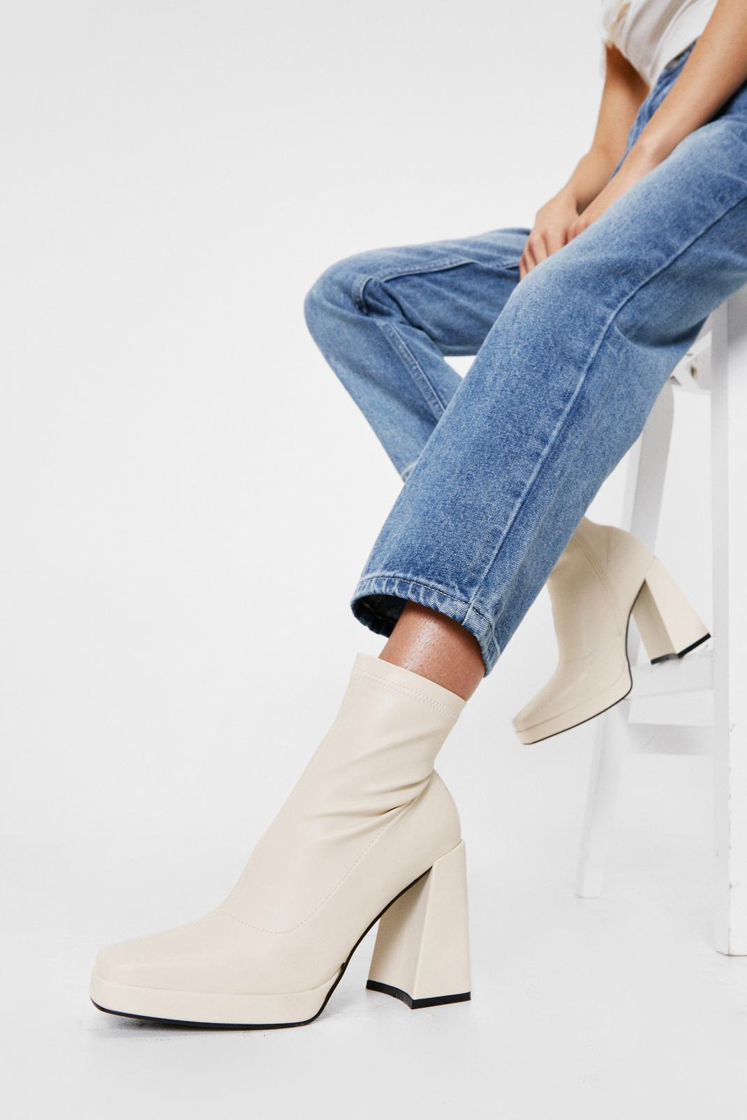 Cream Faux Leather Square Toe High Ankle Boots image number 1