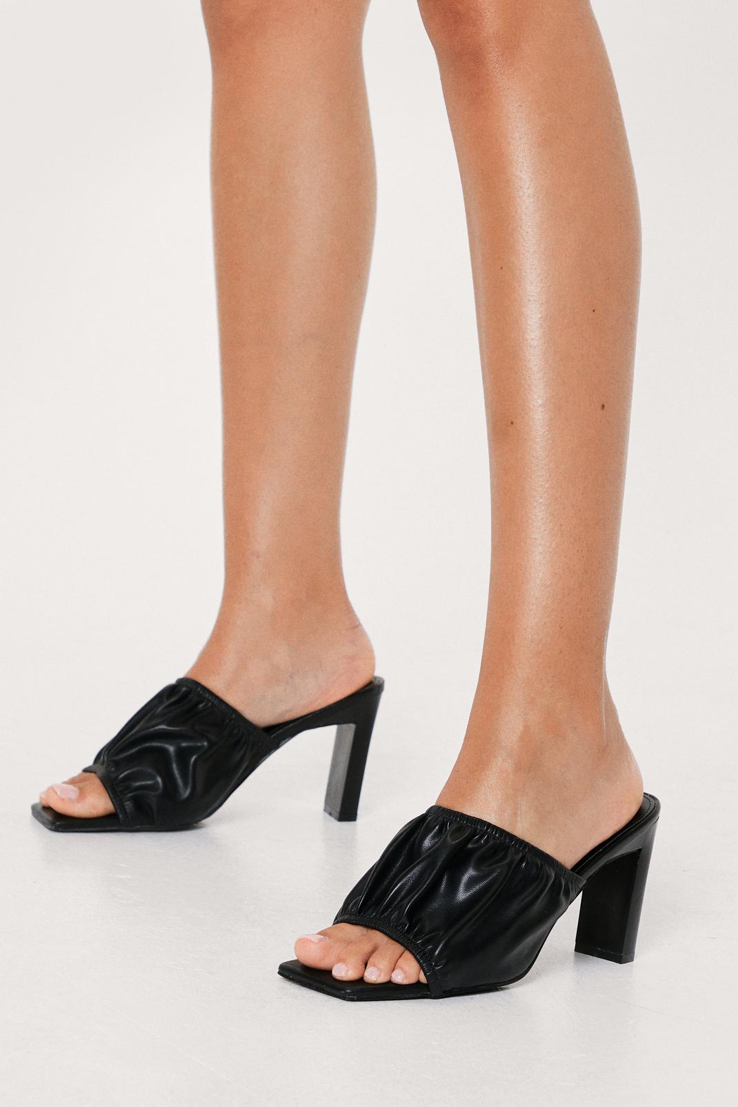 Black Gathered Faux Leather Open Toe Heeled Mules image number 1