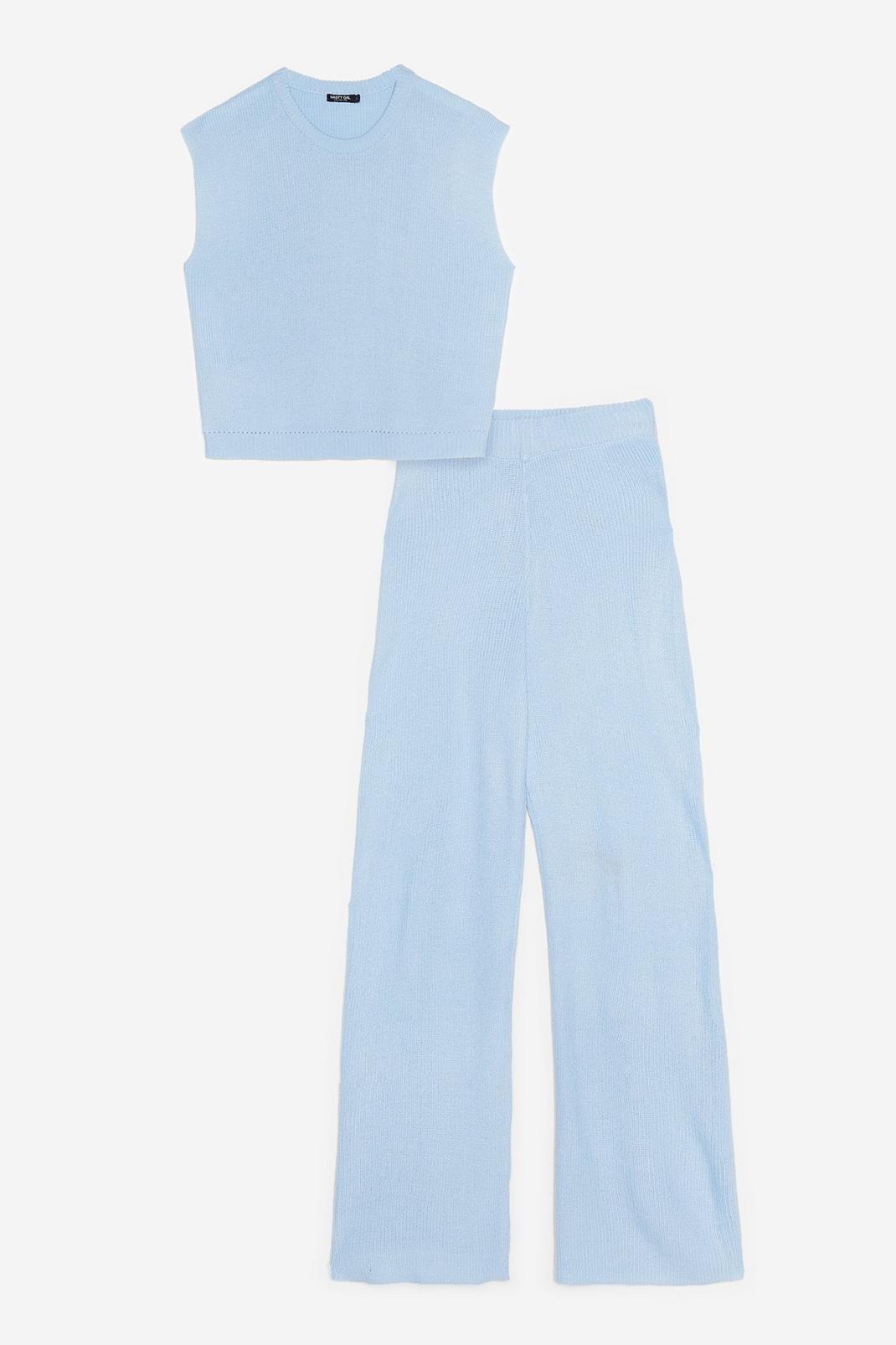 Ensemble top sans manches & pantalon large taille haute côtelés, Light blue image number 1