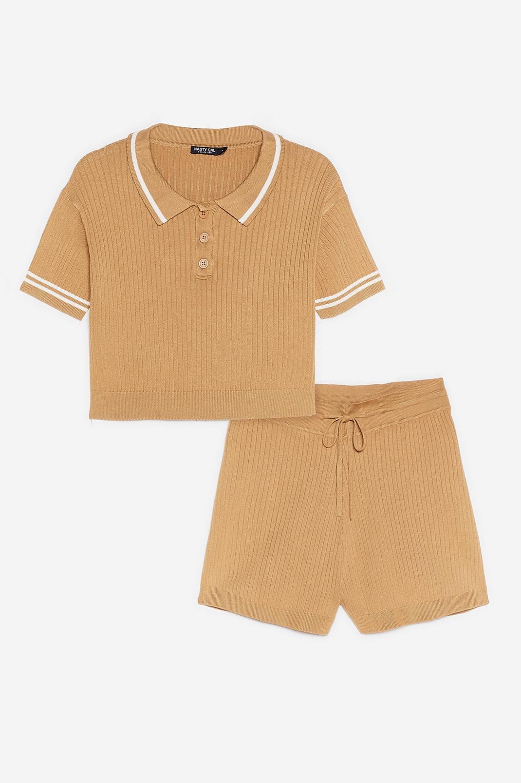 Coffee Ribbed Knit Polo Top and Shorts Lounge Set image number 1