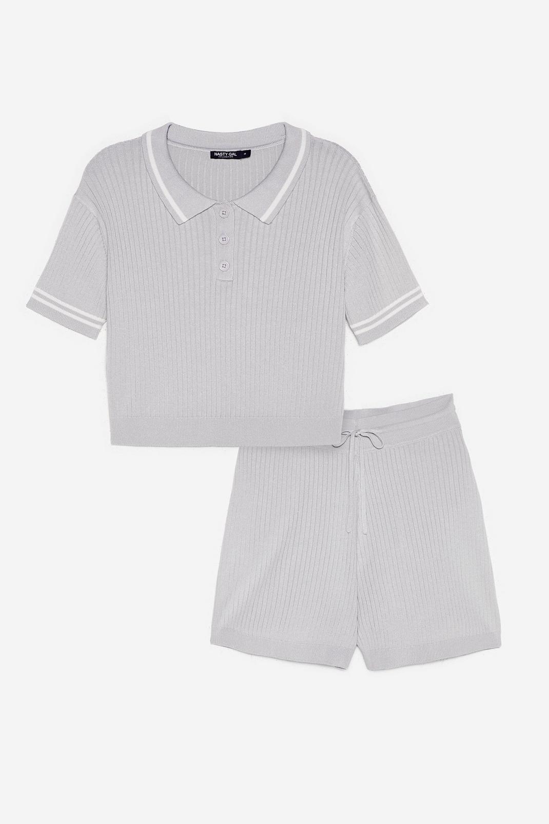 Grey Ribbed Knit Polo Top and Shorts Lounge Set image number 1