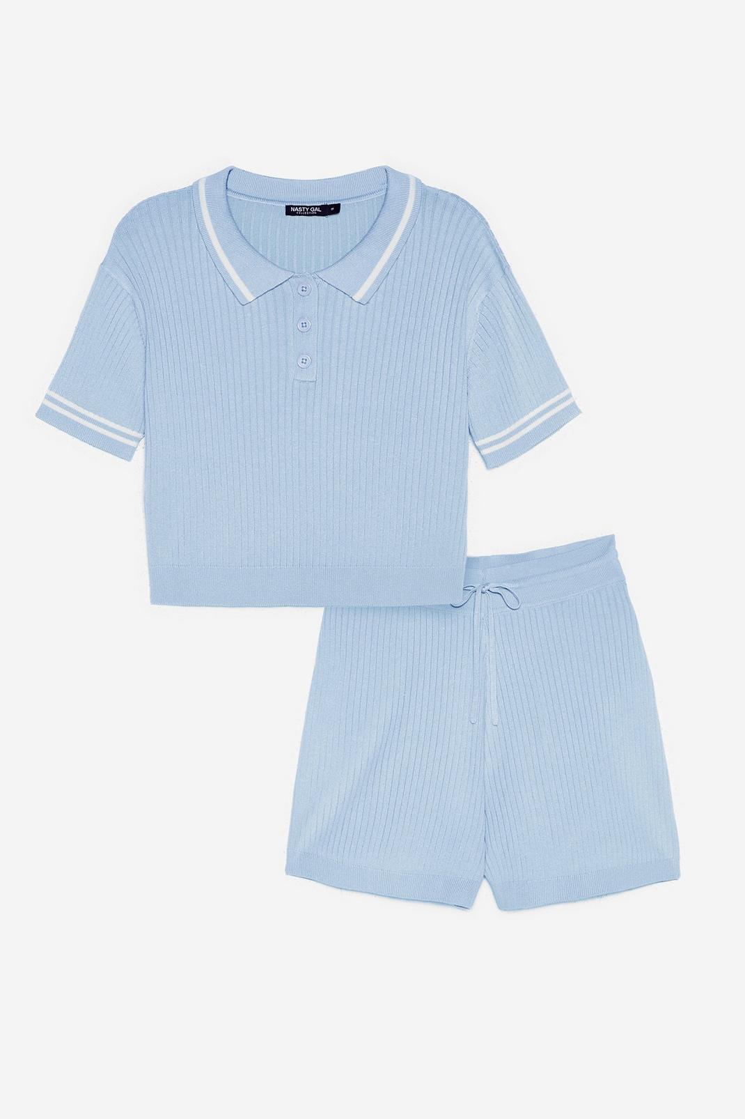 Pale blue Ribbed Knit Polo Top and Shorts Lounge Set image number 1