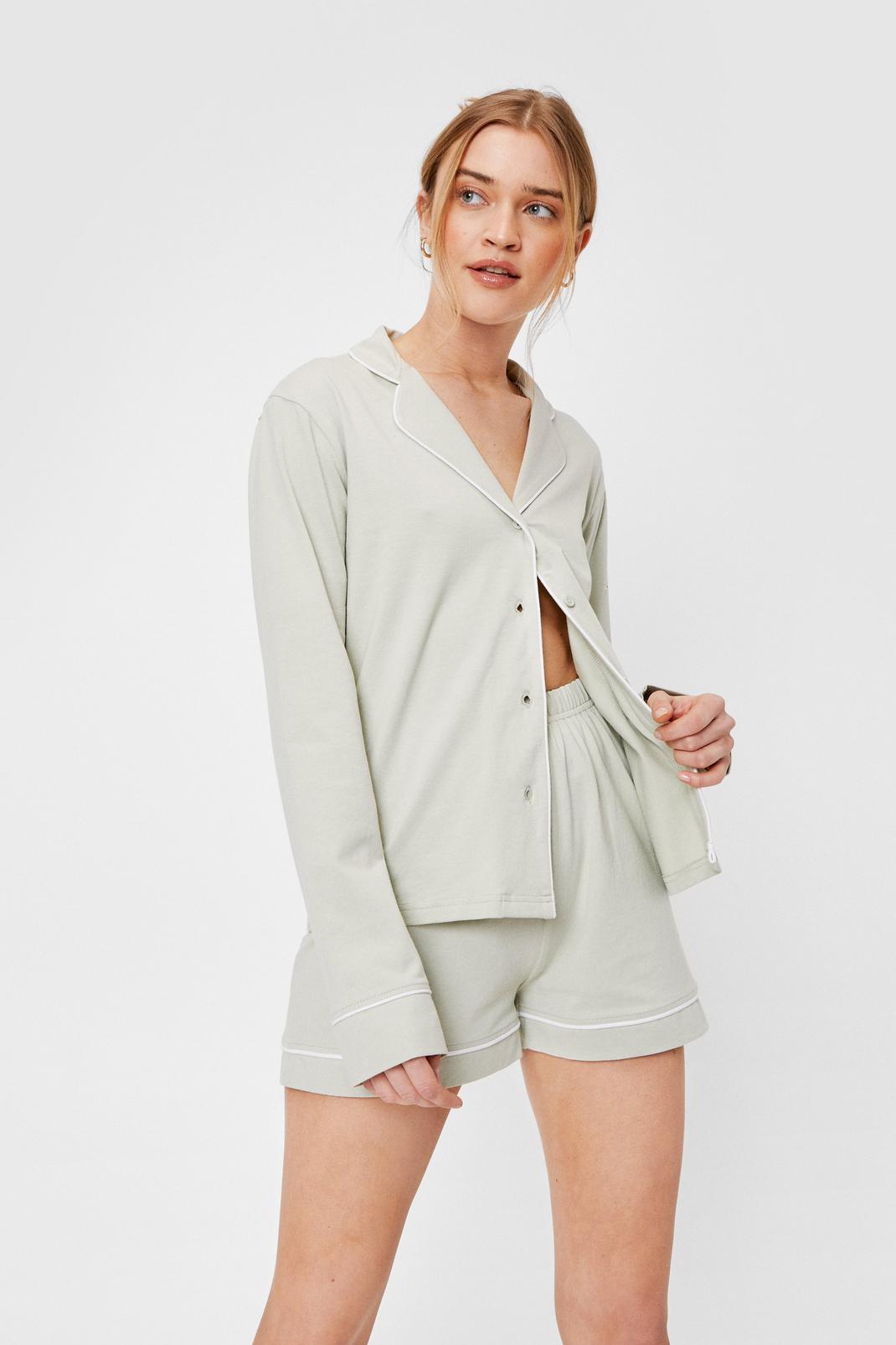 Sage Jersey Contrasting Shirt and Shorts Pajama Set image number 1