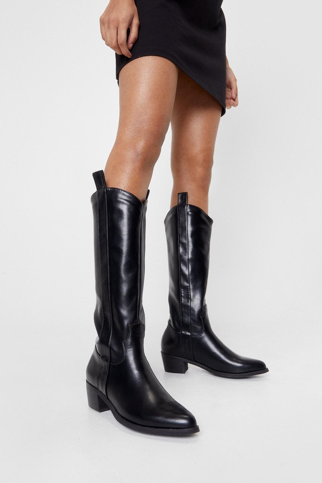 Black Faux Leather Western Knee High Boots image number 1
