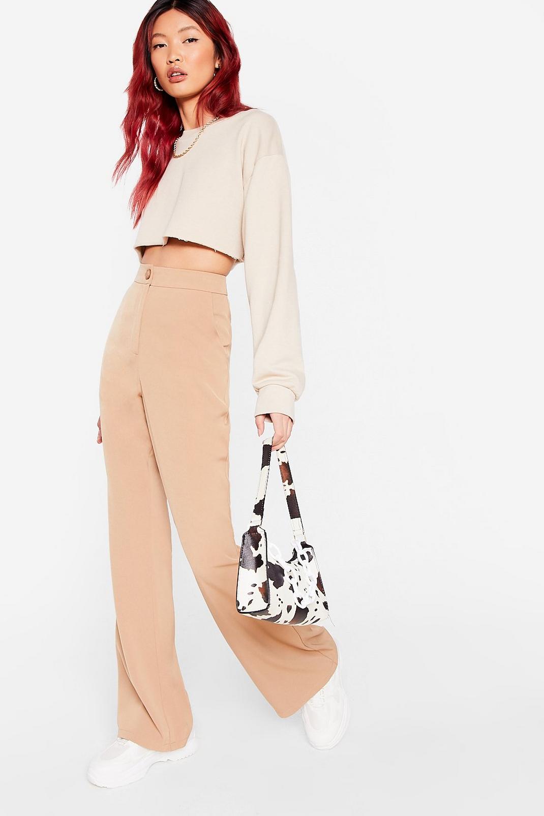 Tan Flared High-Waisted Pants image number 1