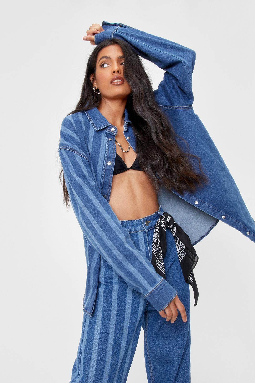 Mid blue Two Tone Striped Oversized Denim Shirt image number 1