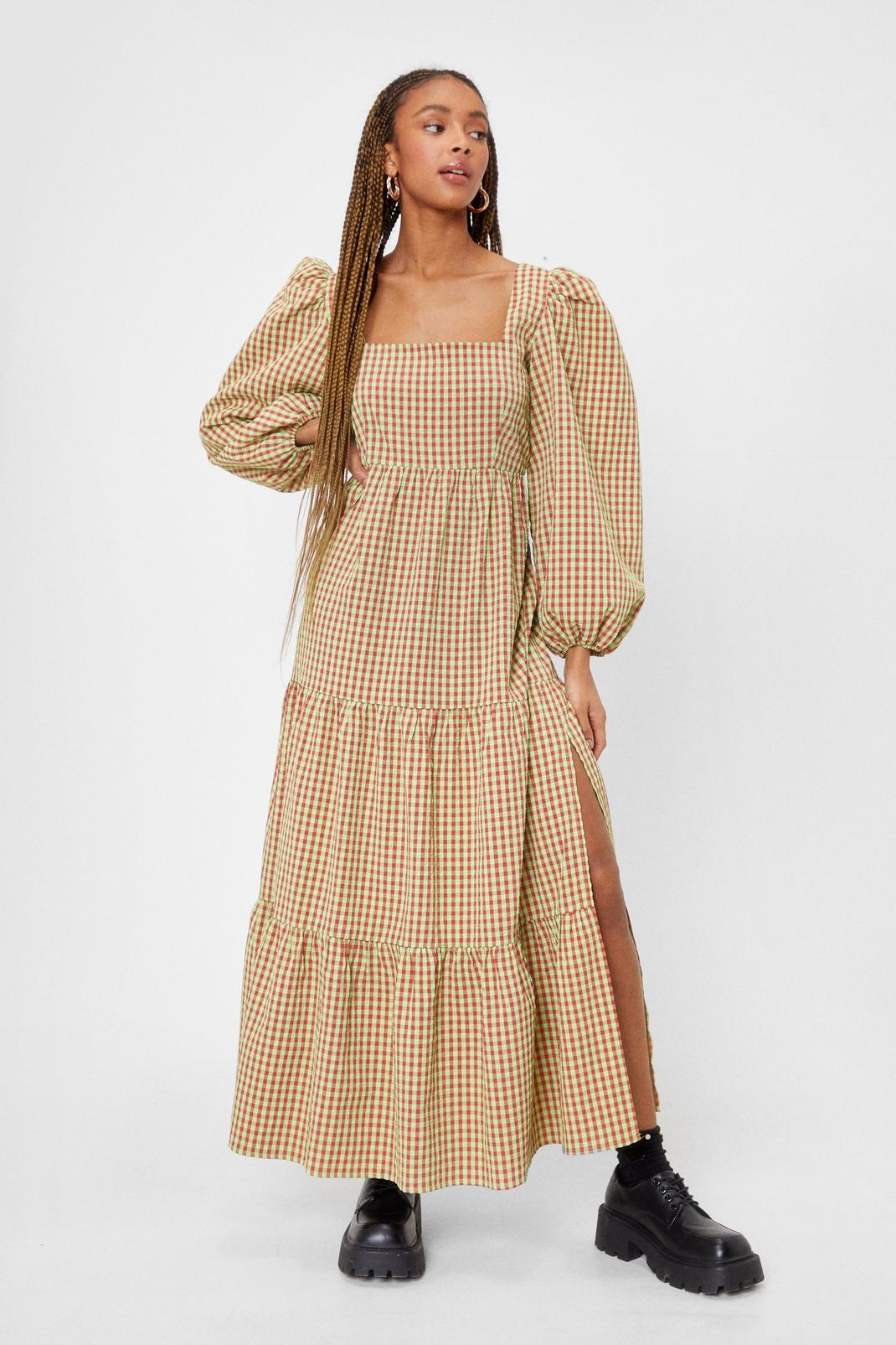 Lime Gingham Puff Sleeve Smock Maxi Dress image number 1