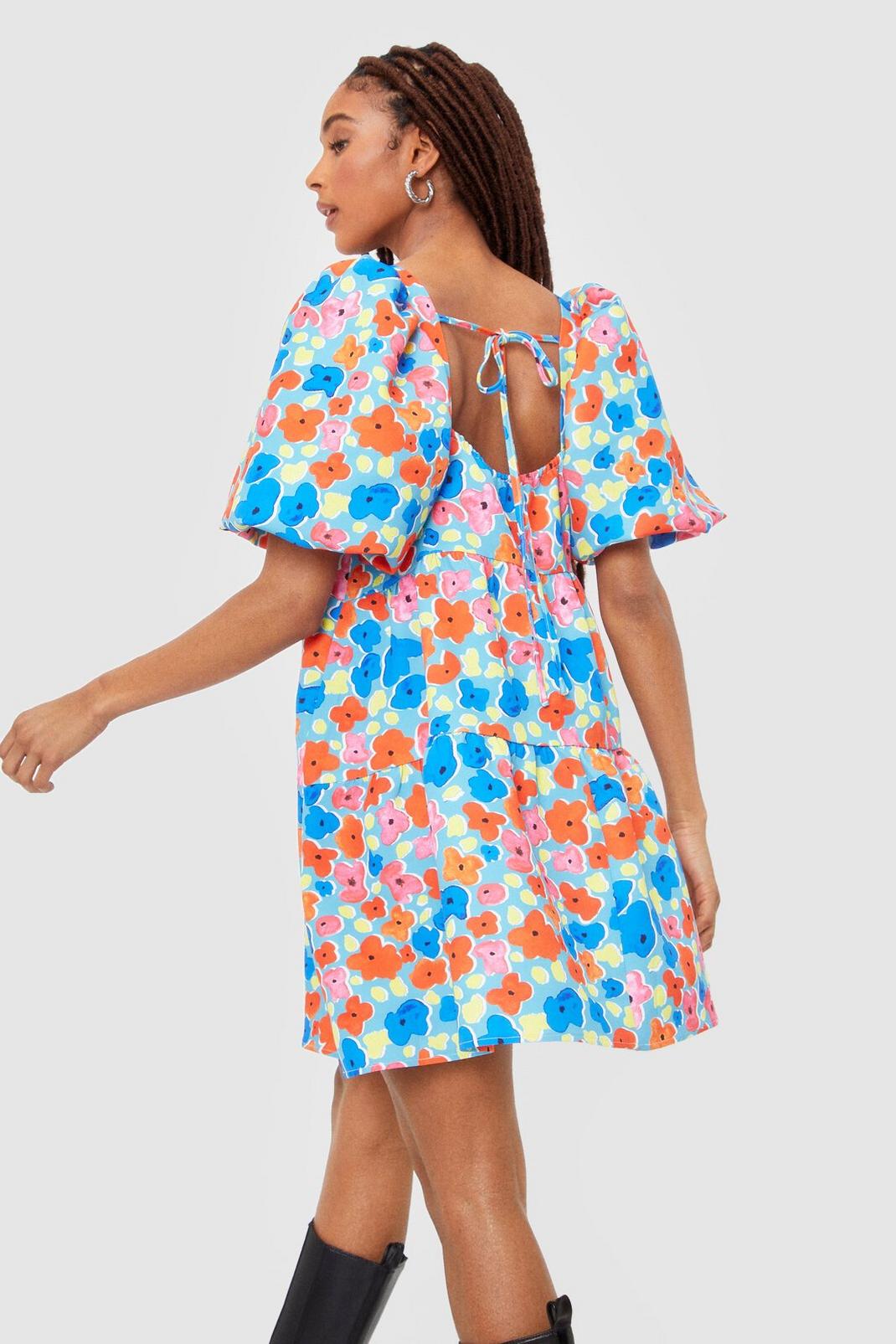 Blue Bud System Floral Puff Sleeve Mini Dress image number 1