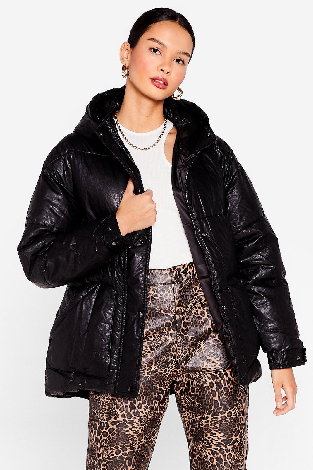 Black Faux Leather Belted Puffer Jacket image number 1