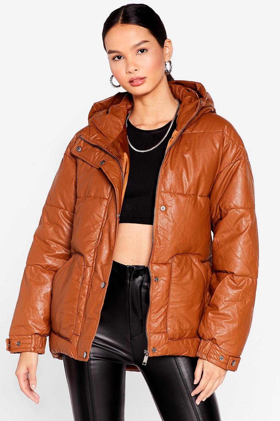 Tan Faux Leather Belted Puffer Jacket image number 1