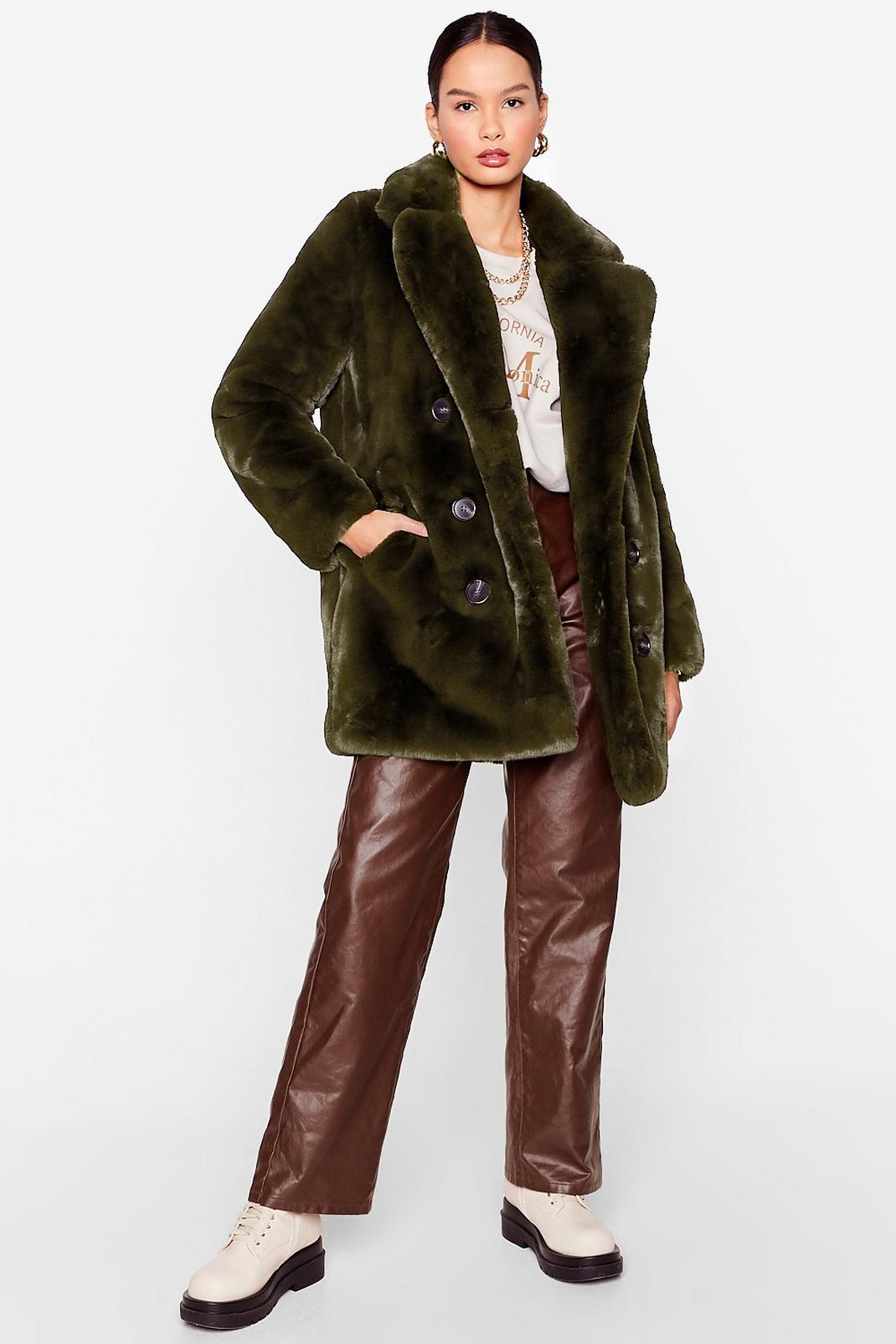 Khaki Oversized Faux Fur Button Down Coat image number 1