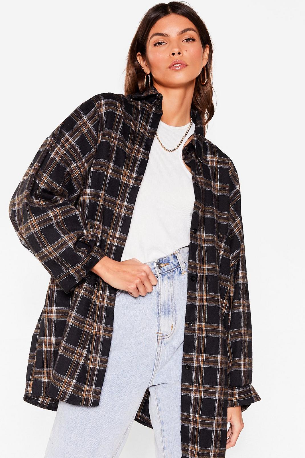 Brown Check Drop Sleeve Oversized Shirt image number 1