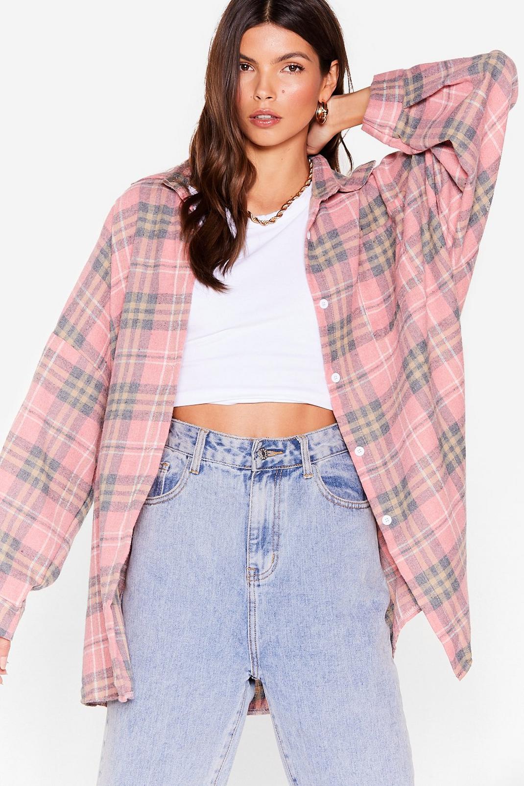 Pink Check Drop Sleeve Oversized Shirt image number 1