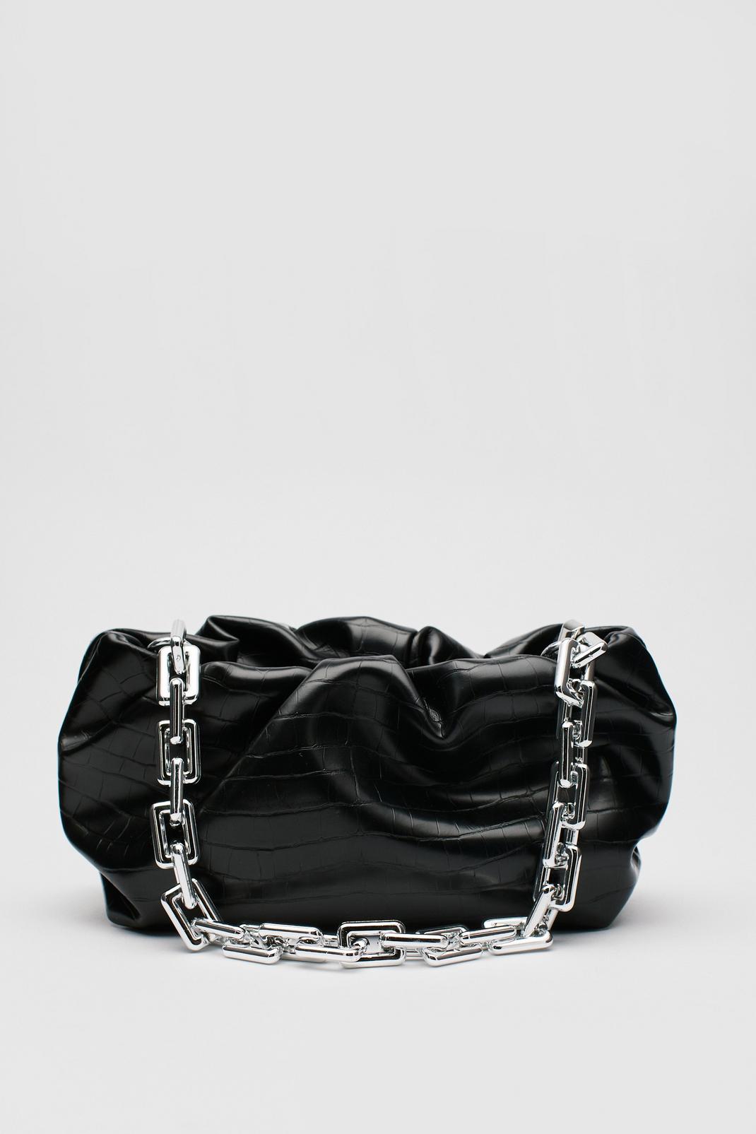 Sac souple porté épaule effet croco avec chaîne épaisse, Black image number 1