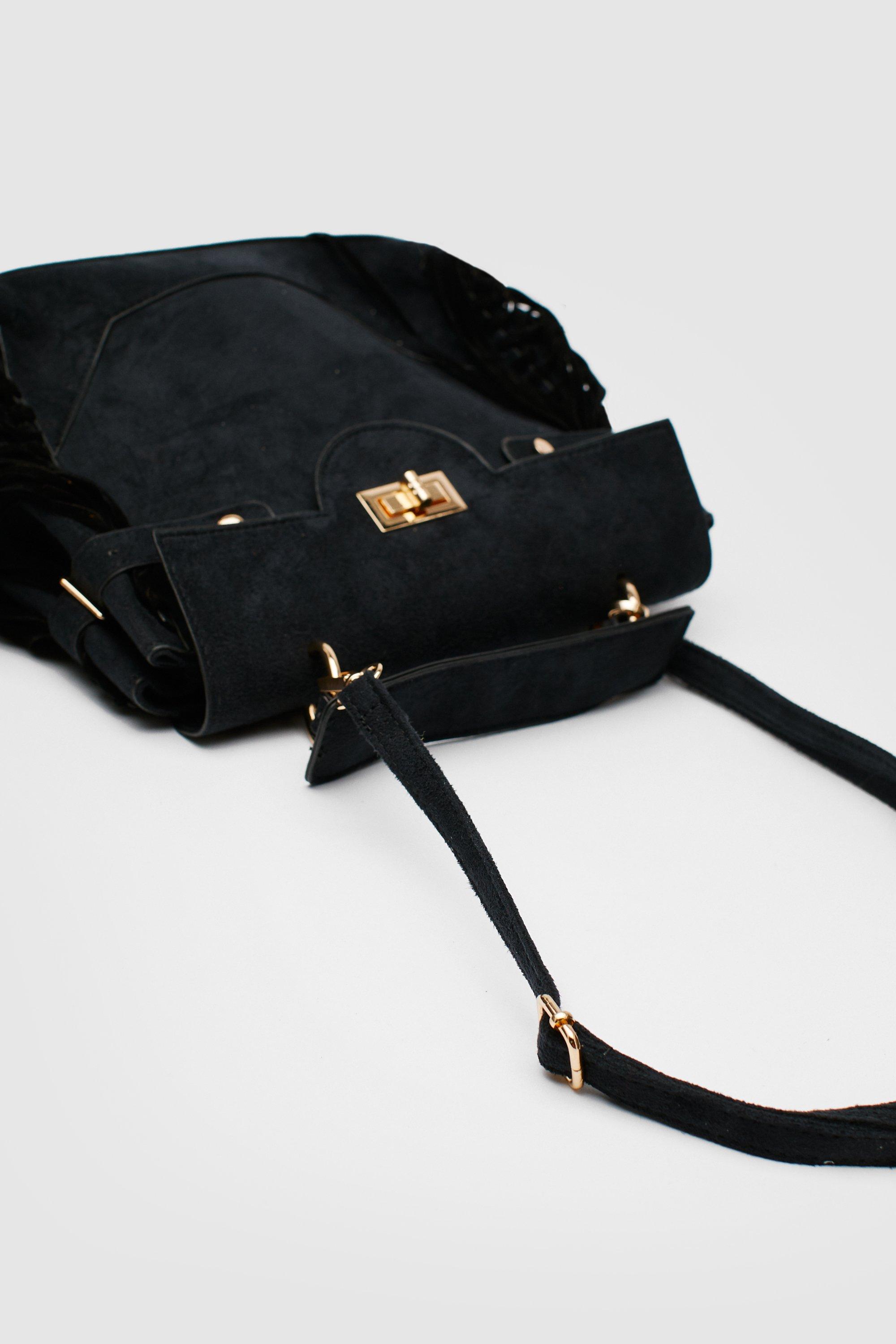 Sanna Suede Leather Mini Fringe Bag in Black