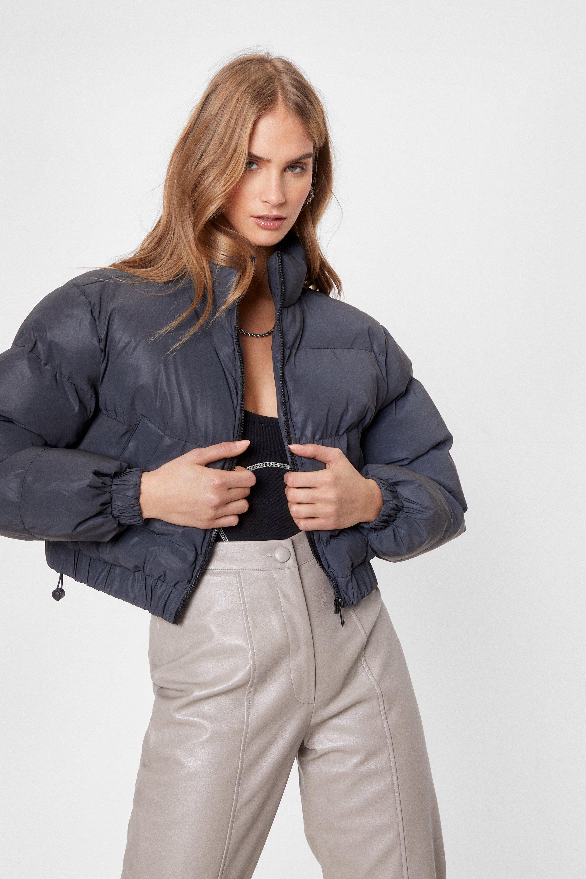 Metallic crop shop puffer jacket