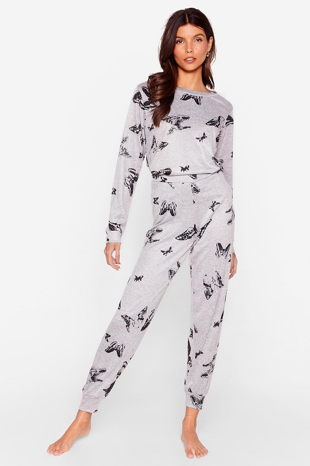 Pyjama top & pantalon jogging effet chiné à imprimé papillons, Grey image number 1