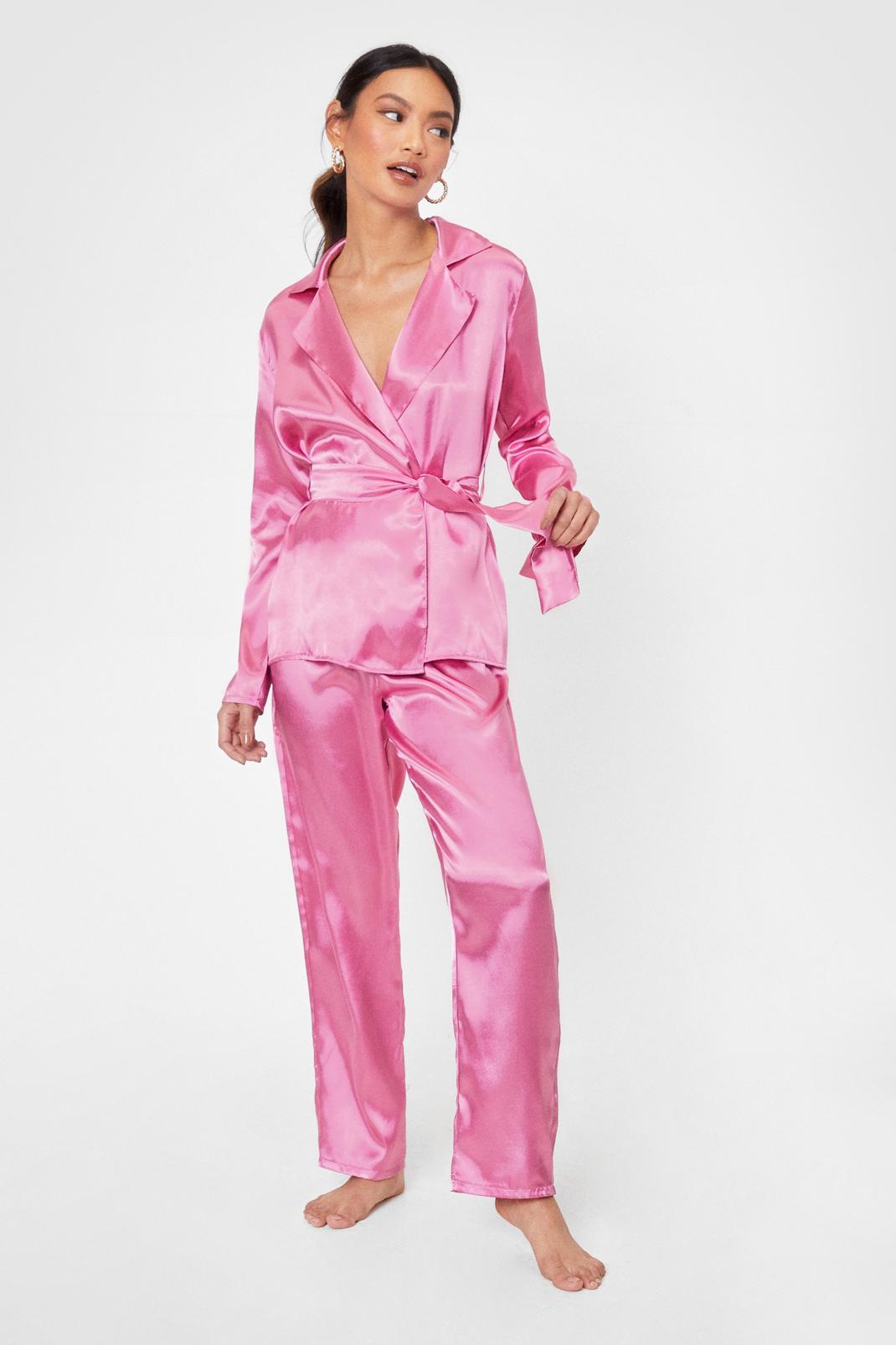 Pink Ready for Bed Petite Satin Pants Pajama Set image number 1
