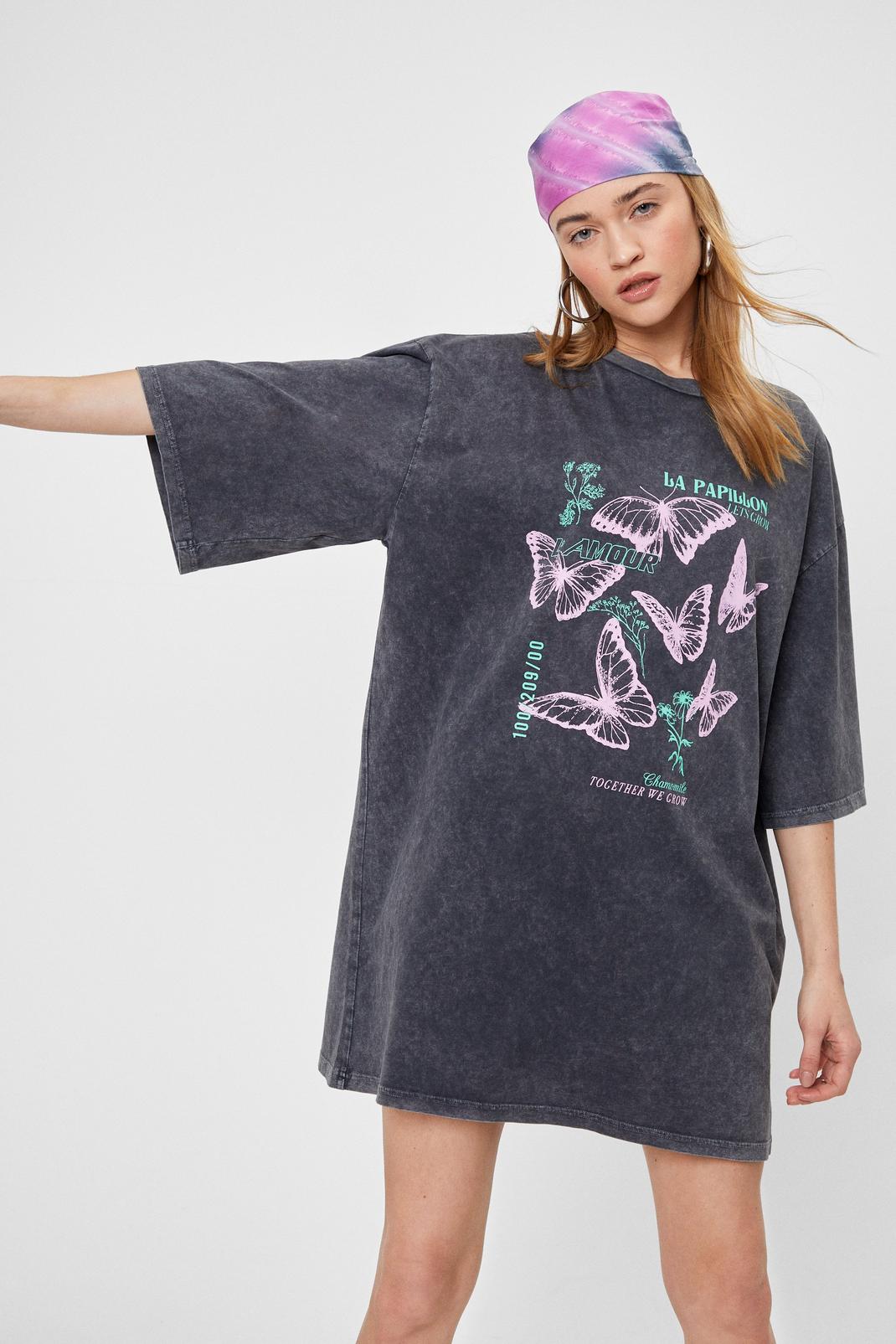 Charcoal Butterfly Oversized Graphic T-Shirt Dress image number 1