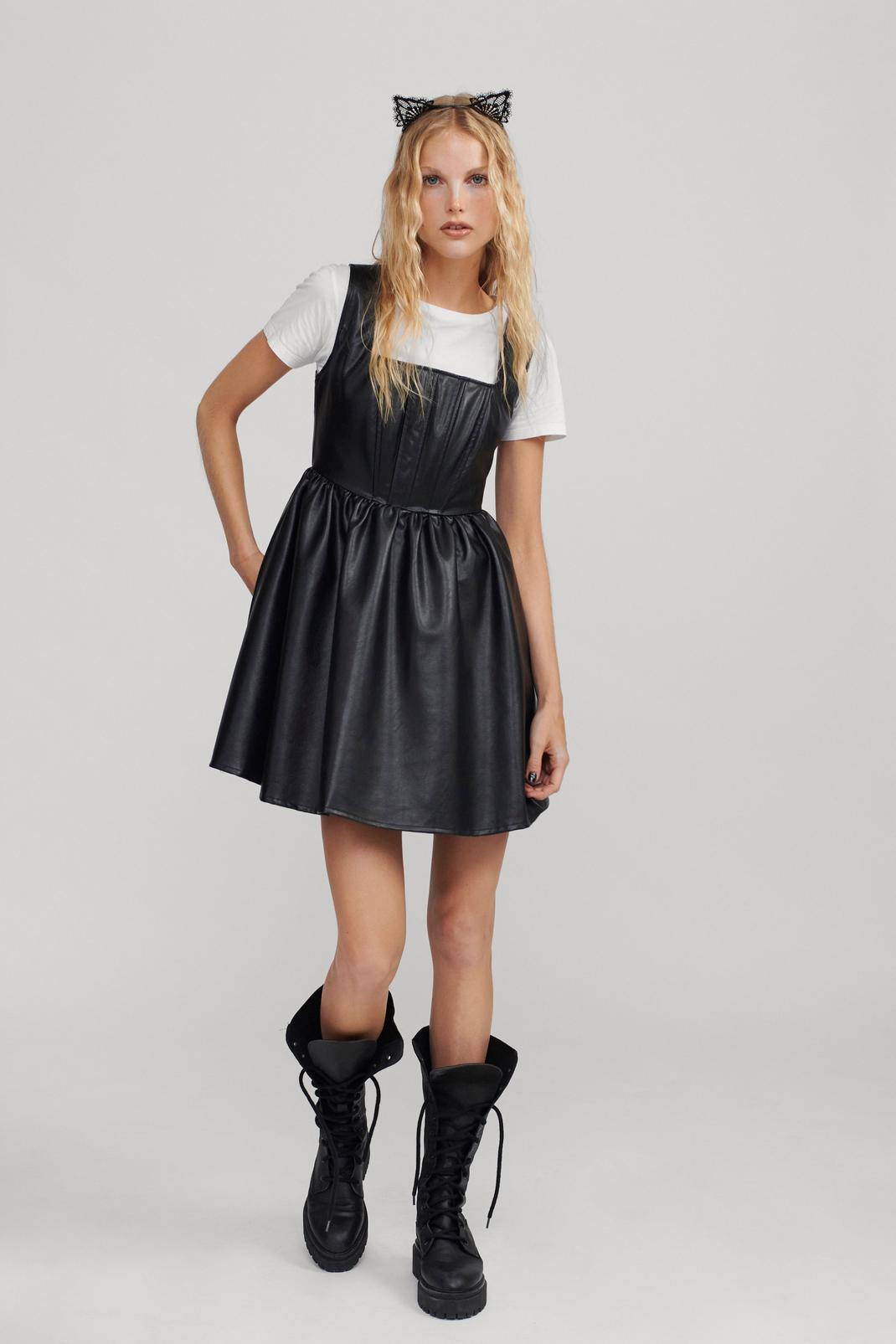 Black Faux Leather Pleated Skater Dress image number 1