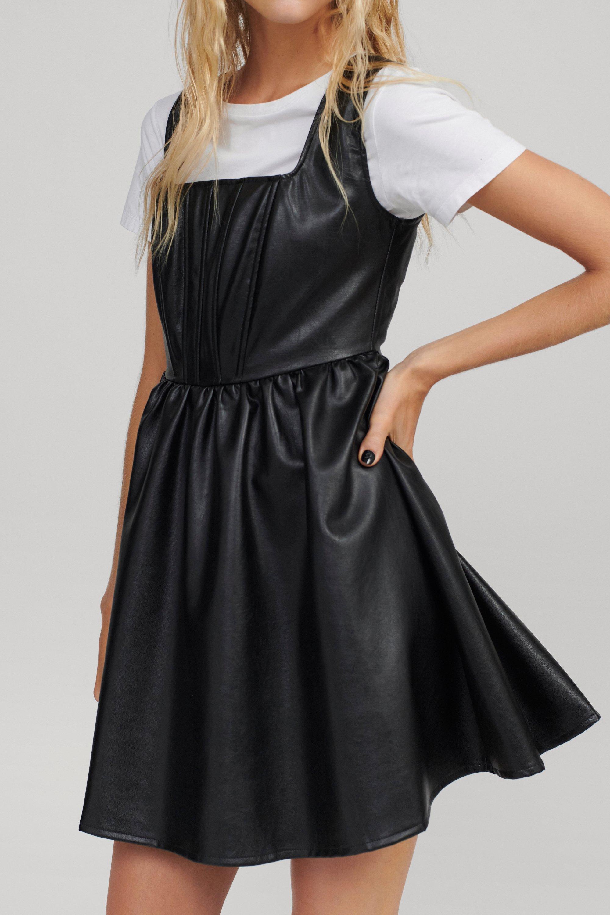 Faux Leather Pleated Skater Dress