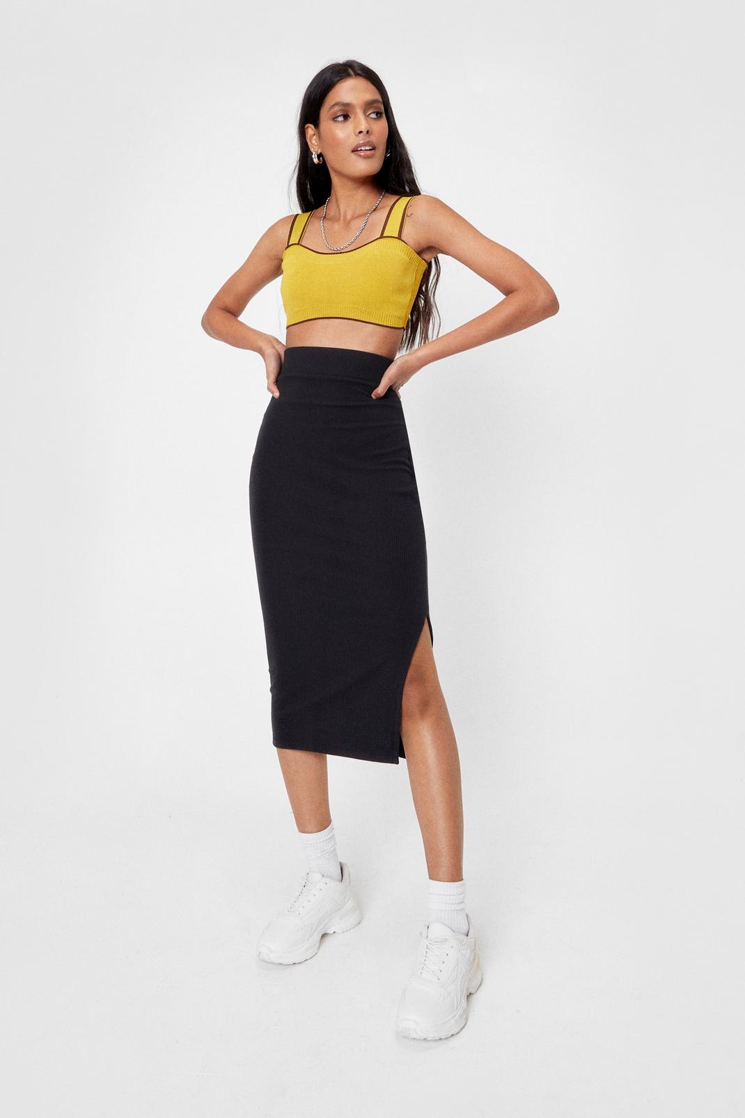 Black Recycled Ribbed Slit Midi Skirt image number 1