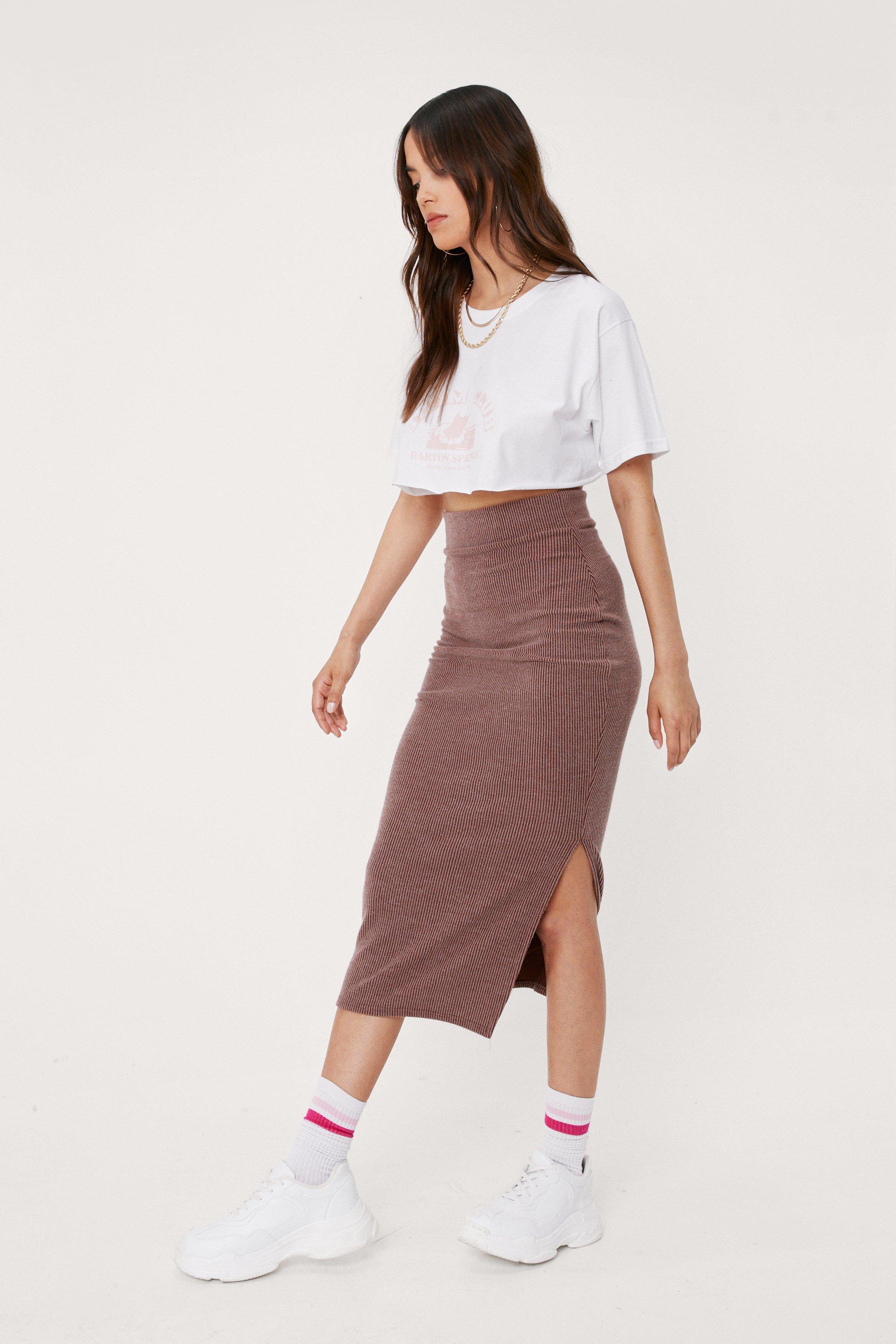 Ribbed Slit Midi Skirt