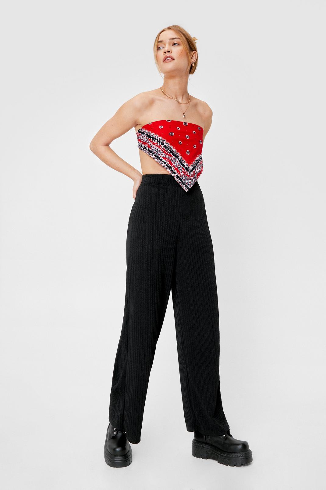 Black Recycled Ribbed Knit High Waisted Wide Leg Pants image number 1