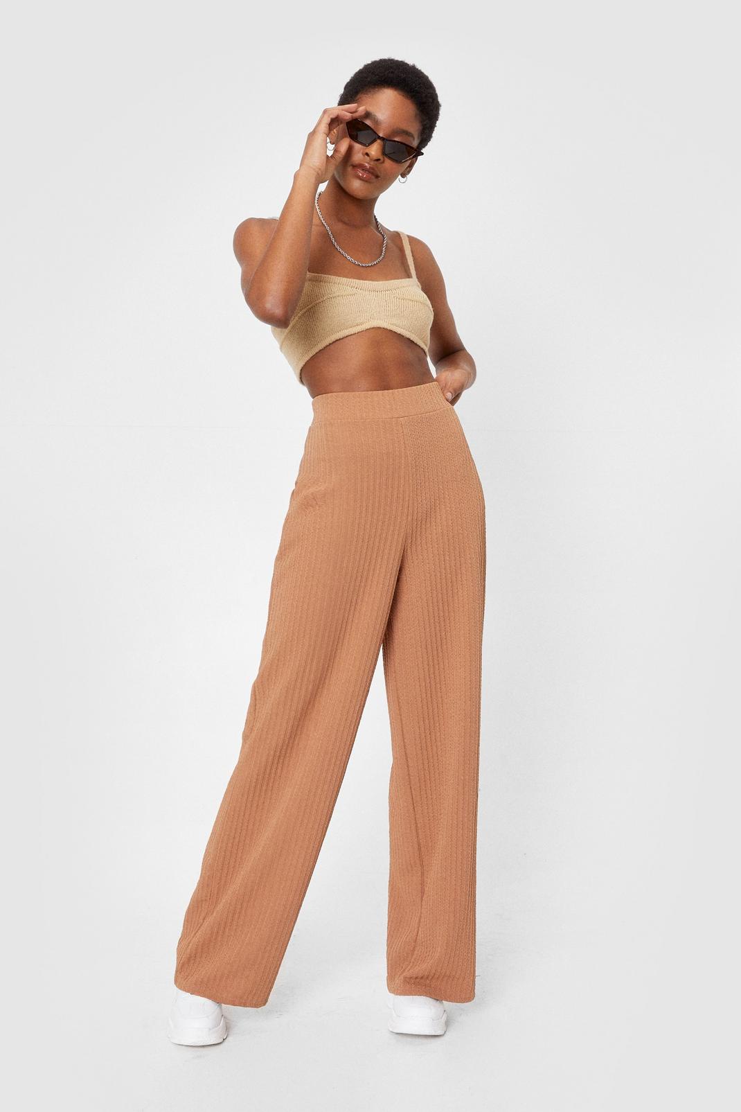 Camel Recycled Ribbed Knit High Waisted Wide Leg Pants image number 1
