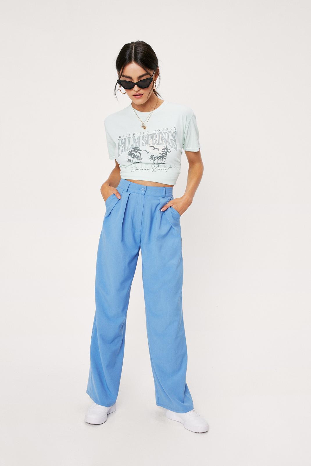Blue Pleated Front Wide Leg Pants image number 1